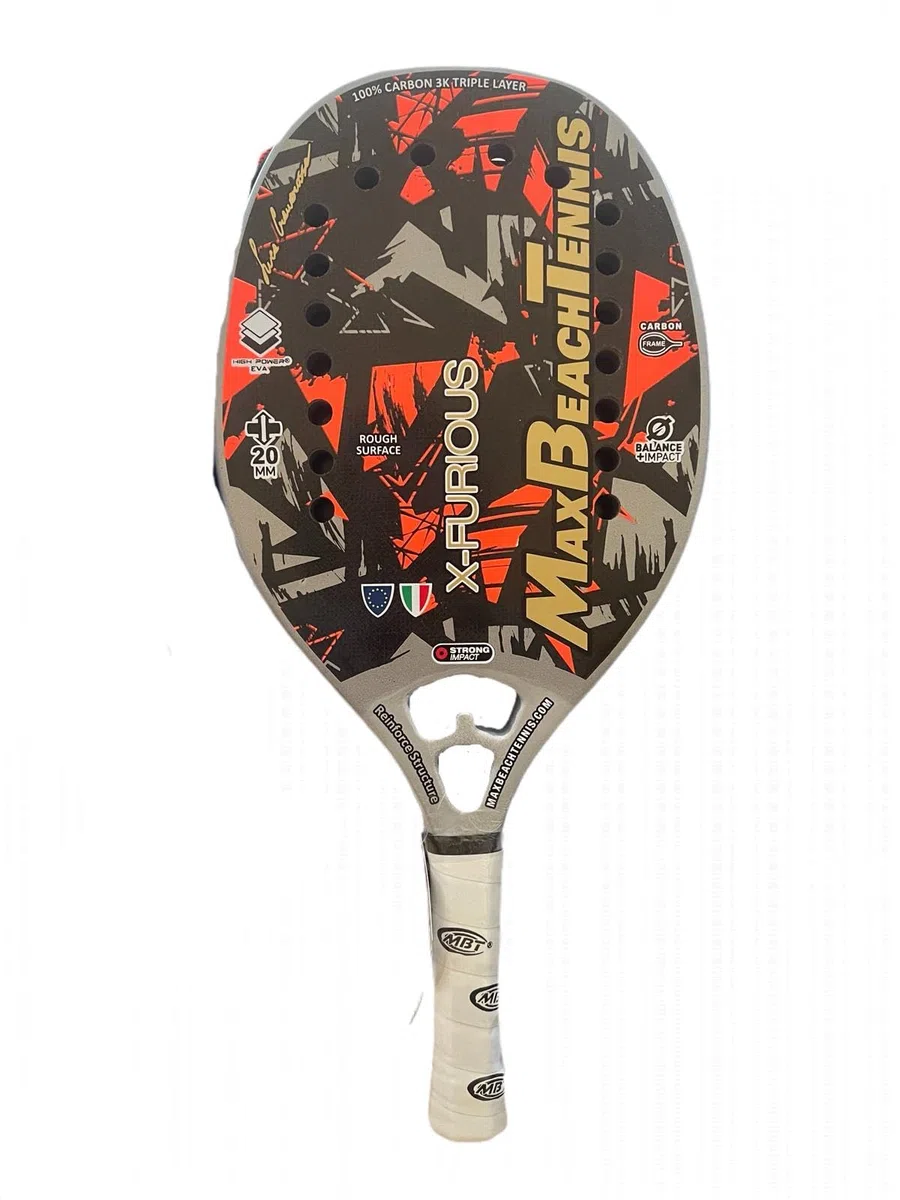 MBT X-FURIOUS, Racchetta Beach Tennis 100% Carbonio 3K - Superficie Ruvida - Eva High Power – Leggera e Bilanciata – Profilo 20 mm - Custodia inclusa - firmata Luca Cramarossa
