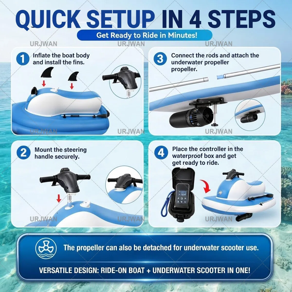 Moto d'Acqua Gonfiabile Elettrica con Propulsione Subacquea 500W/700W, modalità Immersione e Guida, Camere d'Aria Separate, Portatile, per Adulti, Ragazzi e Famiglia 700W16A