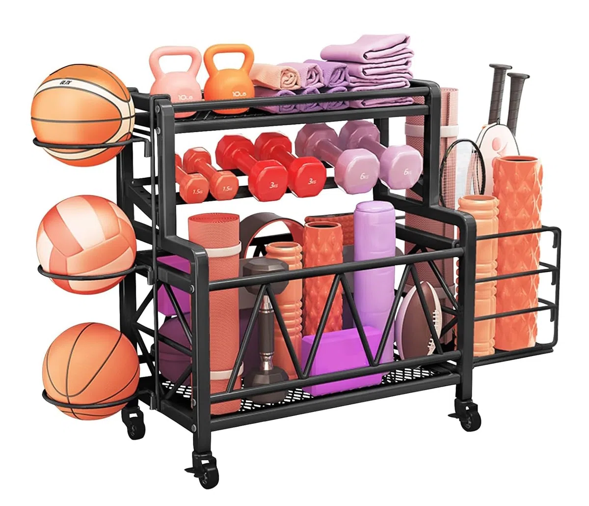 FFitness Rastrelliera per Manubri con Ruote Per Attrezzatura da Allenamento Supporto Pesi Attrezzi Yoga Tappetini Kettlebell Rack Palestra Domestica Gym