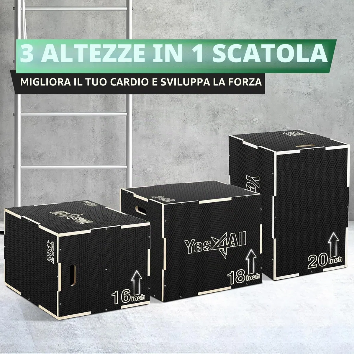 Yes4All Plyo Box 3 in 1 in legno, piattaforma pliometrica per allenamento di salto, scatole di salto per esercizi in palestra a casa e allenamento all'aperto
