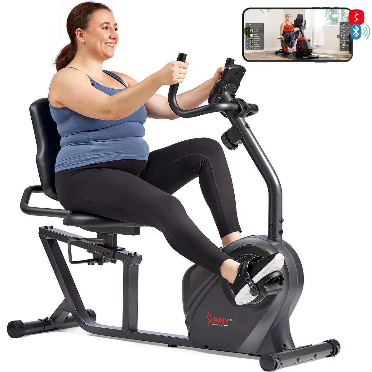 Sunny Health & Fitness Cyclette Orizzontale per a Basso Impatto Cardio | App SunnyFit, Resistenza Magnetica a 8 Livelli, Sedile Regolabile, Sensori Cardio, Portata Fino a 120 kg
