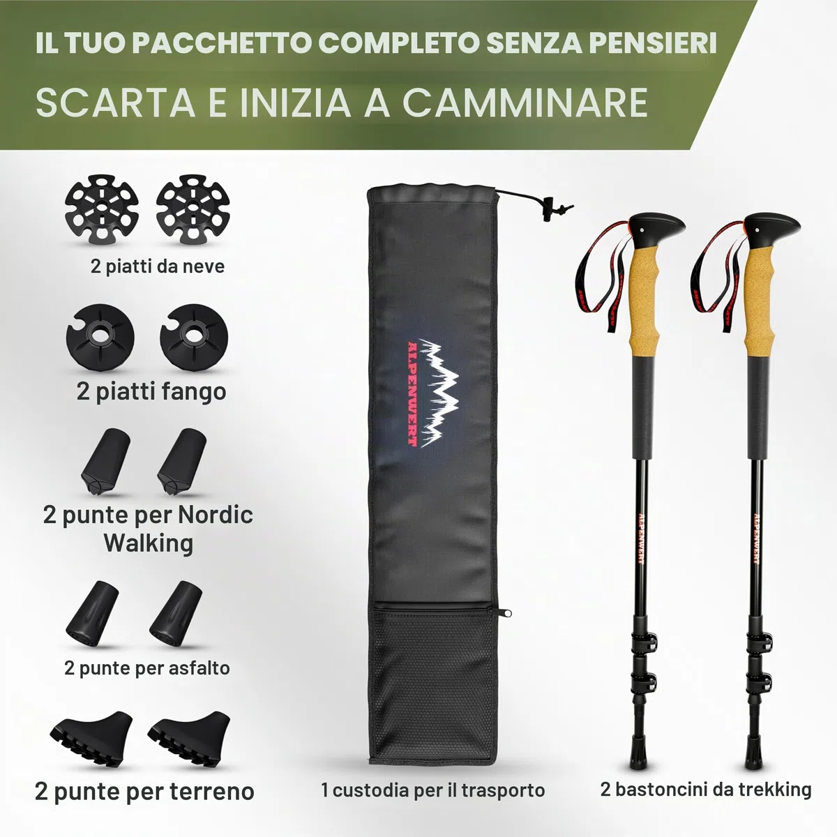 ALPENWERT Bastoni da trekking [carbonio o alluminio] Bastoni da passeggio per uomo e donna – Bastoni da trekking telescopici con manico in sughero per escursioni, nordic walking e sci alpinismo