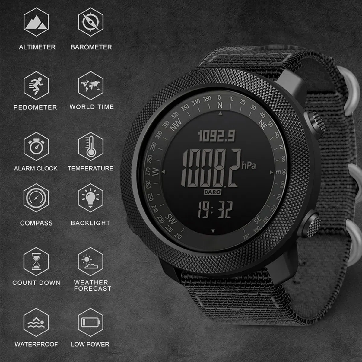 Orologio Sportivo Orologio da Polso Sportivo Digitale da Esterno Altimetro Barometro Bussola Pedometro Impermeabile 50M con Termometro Ora Mondiale Previsioni Meteo
