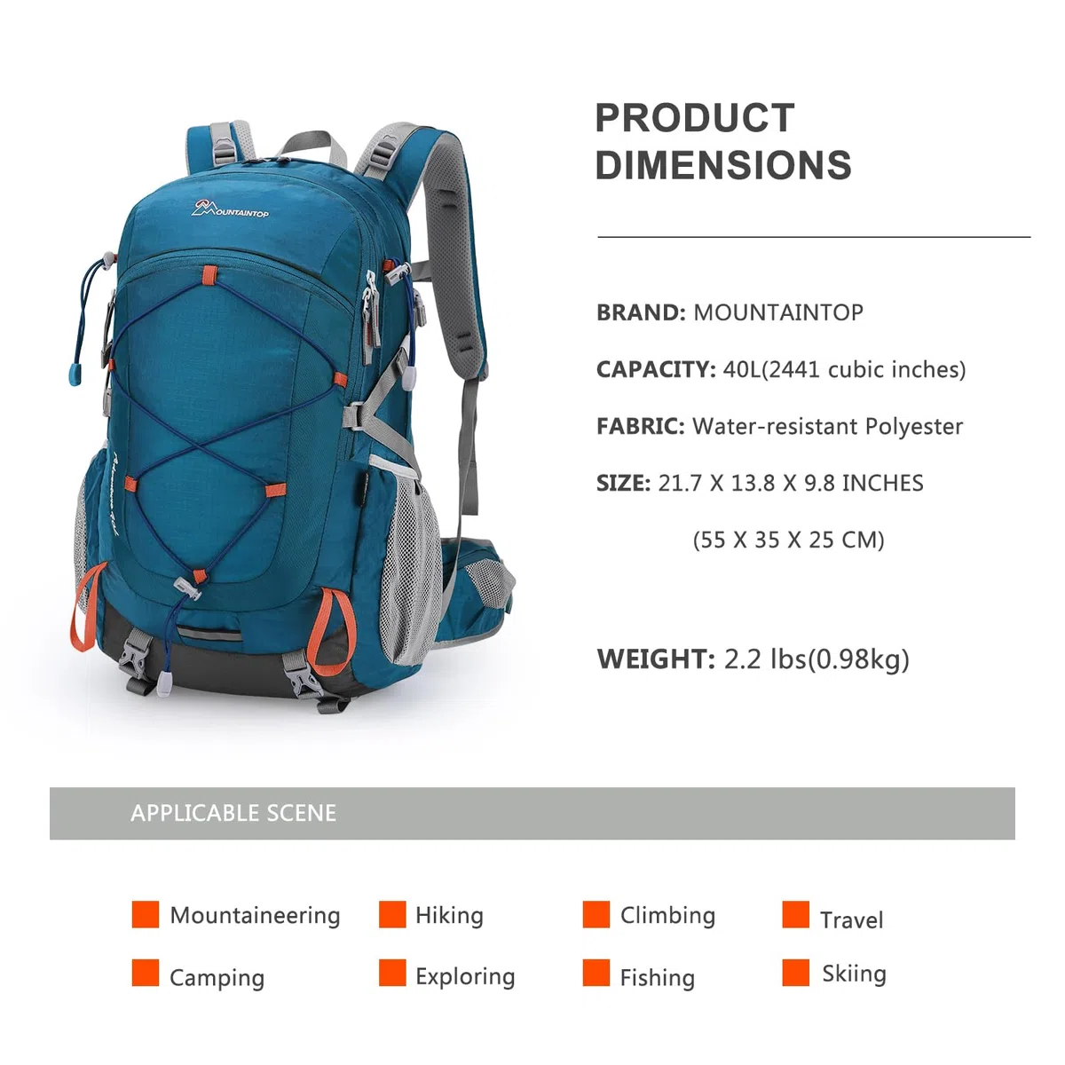 Mountaintop Zaino da trekking da 25 l/40 l, unisex, per escursioni, 40 l, blu mare, 40 L | Zaino da trekking YKK, con protezione antipioggia, per campeggio, viaggi