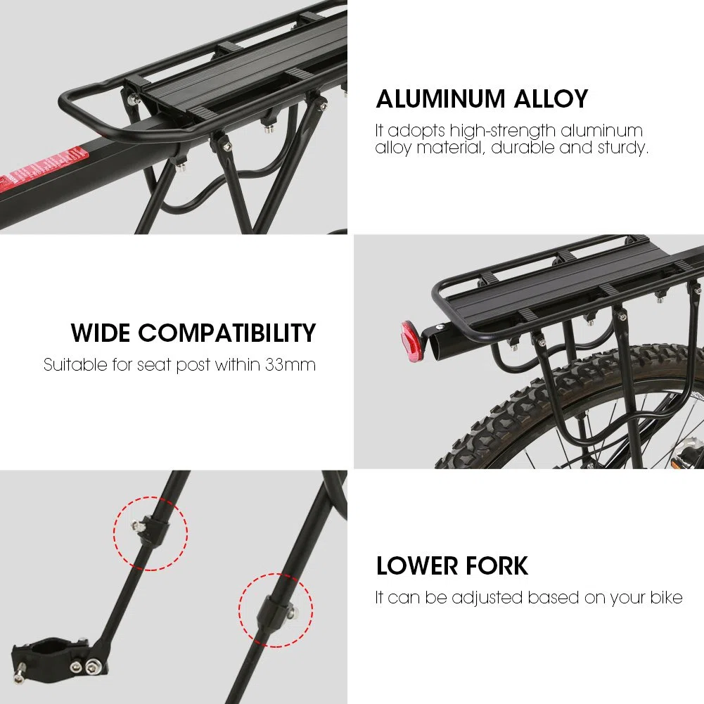 Portapacchi Posteriore per Bicicletta, Alluminio, Mountain Bike, con Riflettore, Carico Massimo 25 kg, Nero