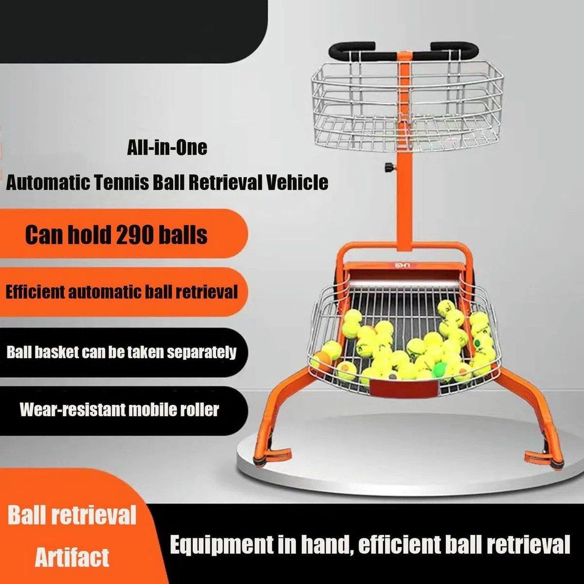 Carrello per raccogliere palline da tennis, cestino automatico per raccogliere fino a 290 palline da tennis, comoda attrezzatura per raccogliere le palline