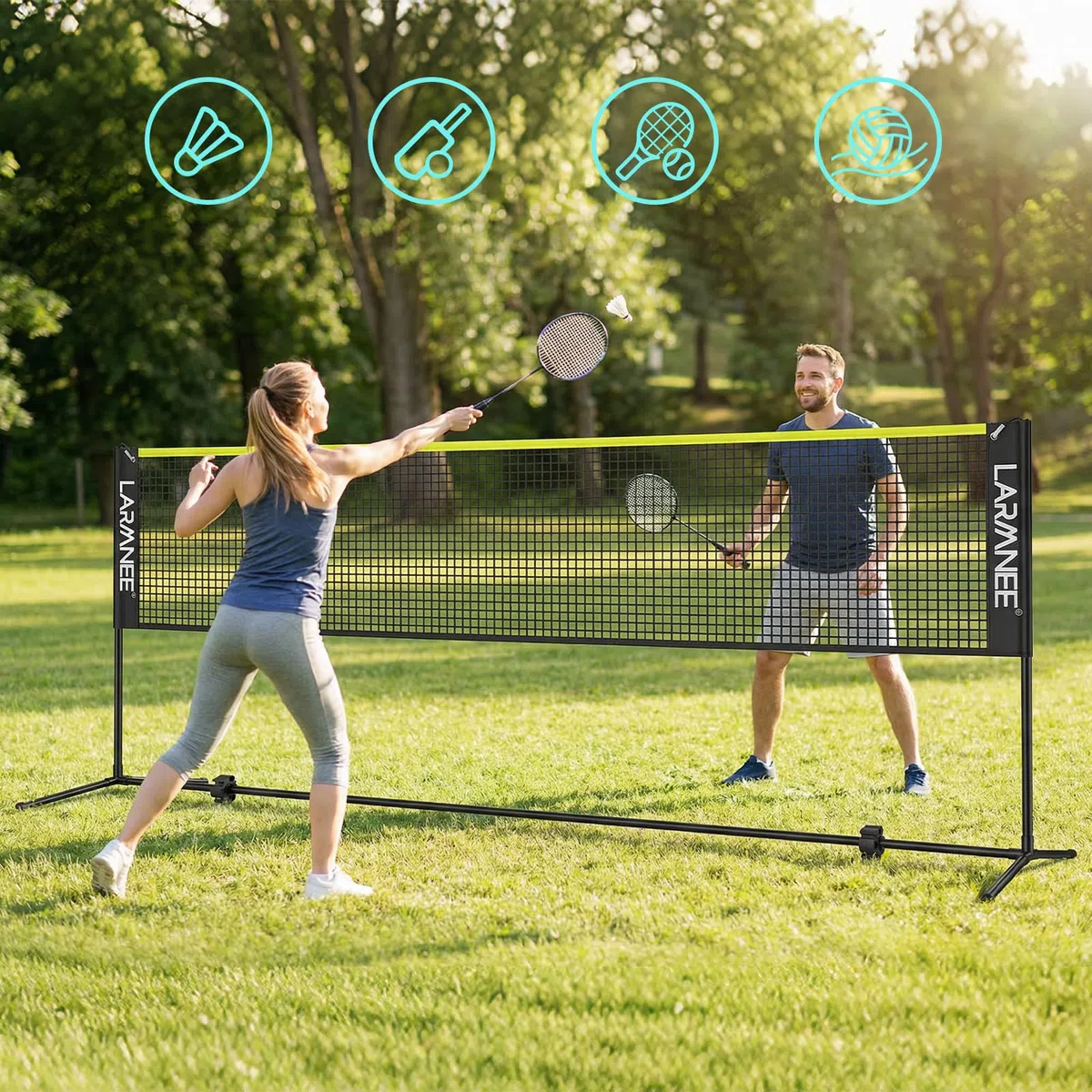 LARMNEE Rete da badminton, rete da pallavolo, rete da volano, regolabile in 3 altezze, 107/120/155 cm, set portatile per tennis, badminton o pallavolo, per giardino, interni, esterni