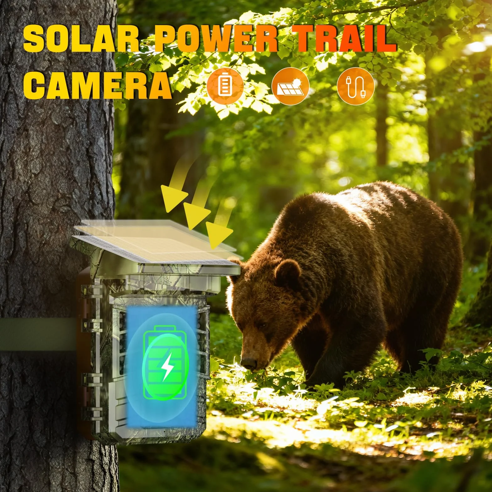 Fototrappola Solare 4K 60MP, Fototrappola WiFi Bluetooth con APP, Batteria Ricaricabile da 2600mAh Integrata IP66 Fotocamera con SD 32GB per sorveglianza della fauna selvatica