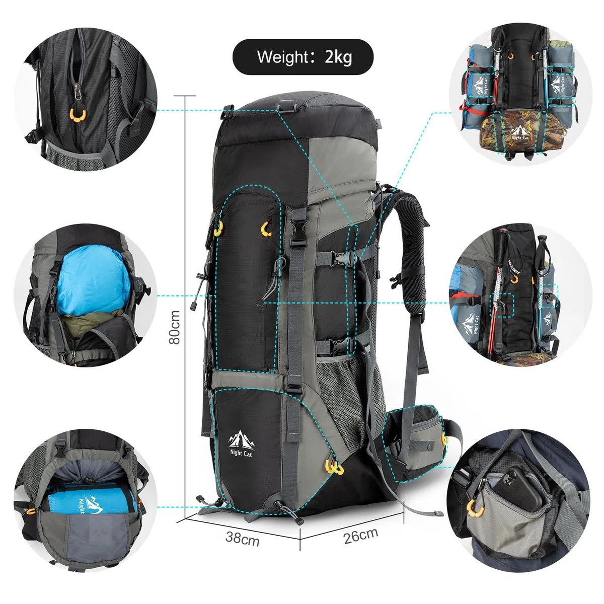 Night Cat 70L 90L Zaini da Hiking Trekking Zaino da Campeggio per Gli Uomini Donne di Arrampicata Ciclismo Viaggio Escursionismo