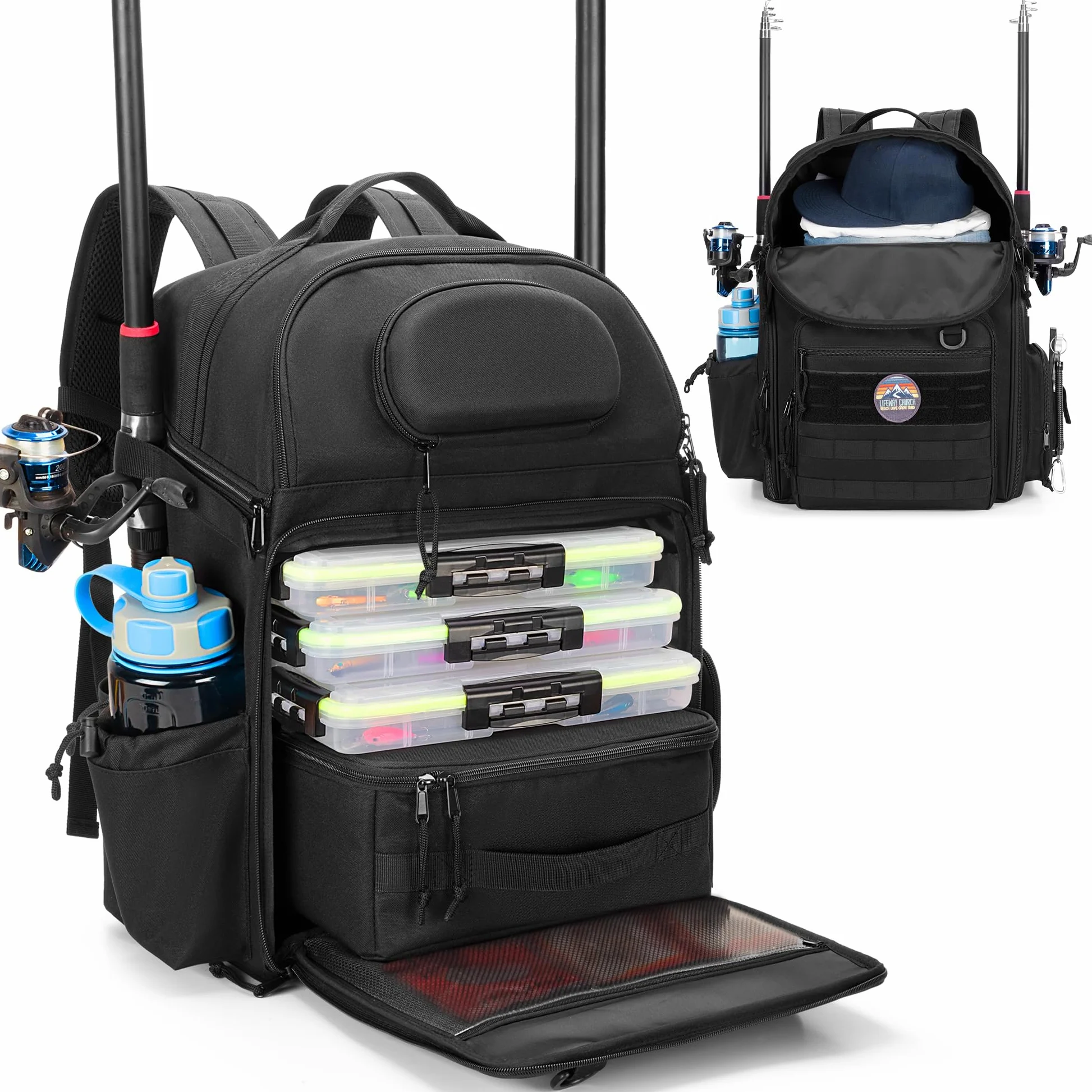 Rexmica Mochila de Pesca para 2 Cañas y Carretes, Bolsa para Cañas, Nero | con Compartimentos para Cajas de Aparejos, Ideal para Pesca, Senderismo, Camping y Trekking (Solo Bolsa)