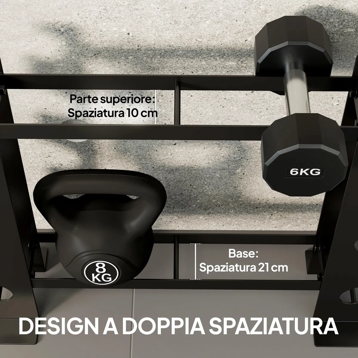 SPORTNOW Porta Pesi Palestra Casa a 4 Ripiani, Rastrelliera Manubri in Acciaio, Supporto per Manubri e Kettlebell, Salvaspazio per Palestra Domestica, Capacità 200 Kg, Nero