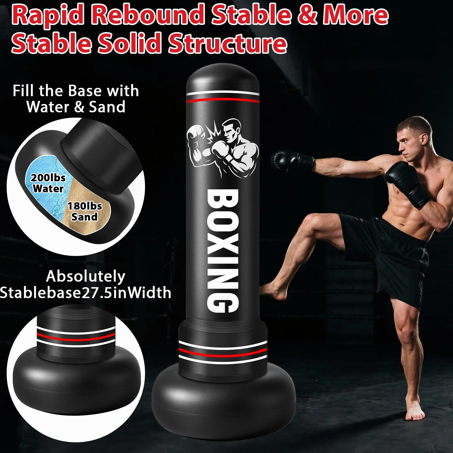 Sacco da Boxe da Terra,190cm Sacco da Boxe per Adulti Gonfiabile con Guantoni e Pompa, Gonfiabile Pungiball Bambini per Kickboxing, Karate, Boxing Bag da Casa e Ufficio