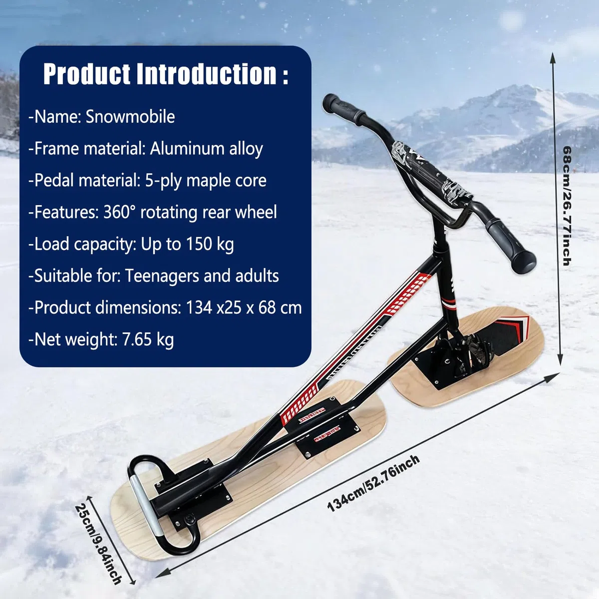 Monopattino da sci con sterzo girevole a 360°, sci da neve per tutti i terreni per bambini e adulti, telaio rinforzato, supporta fino a 100 kg, ideale per l'uso in backcountry