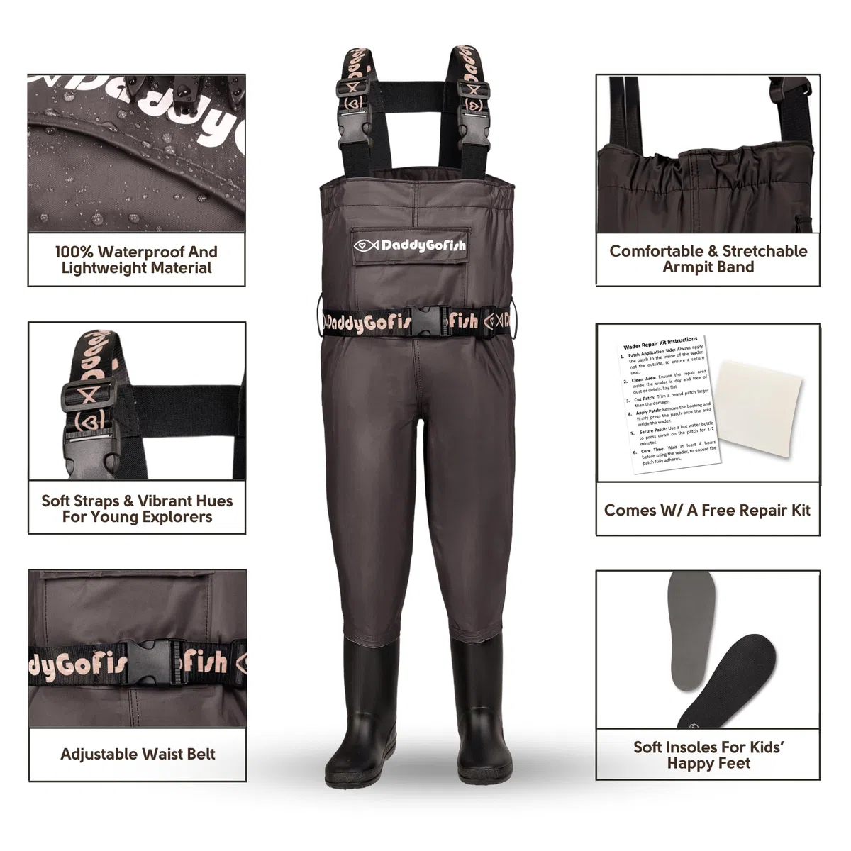 DaddyGoFish Waders bambini e adulti, trampolieri da pesca e da caccia con tasca e gancio per trampolieri