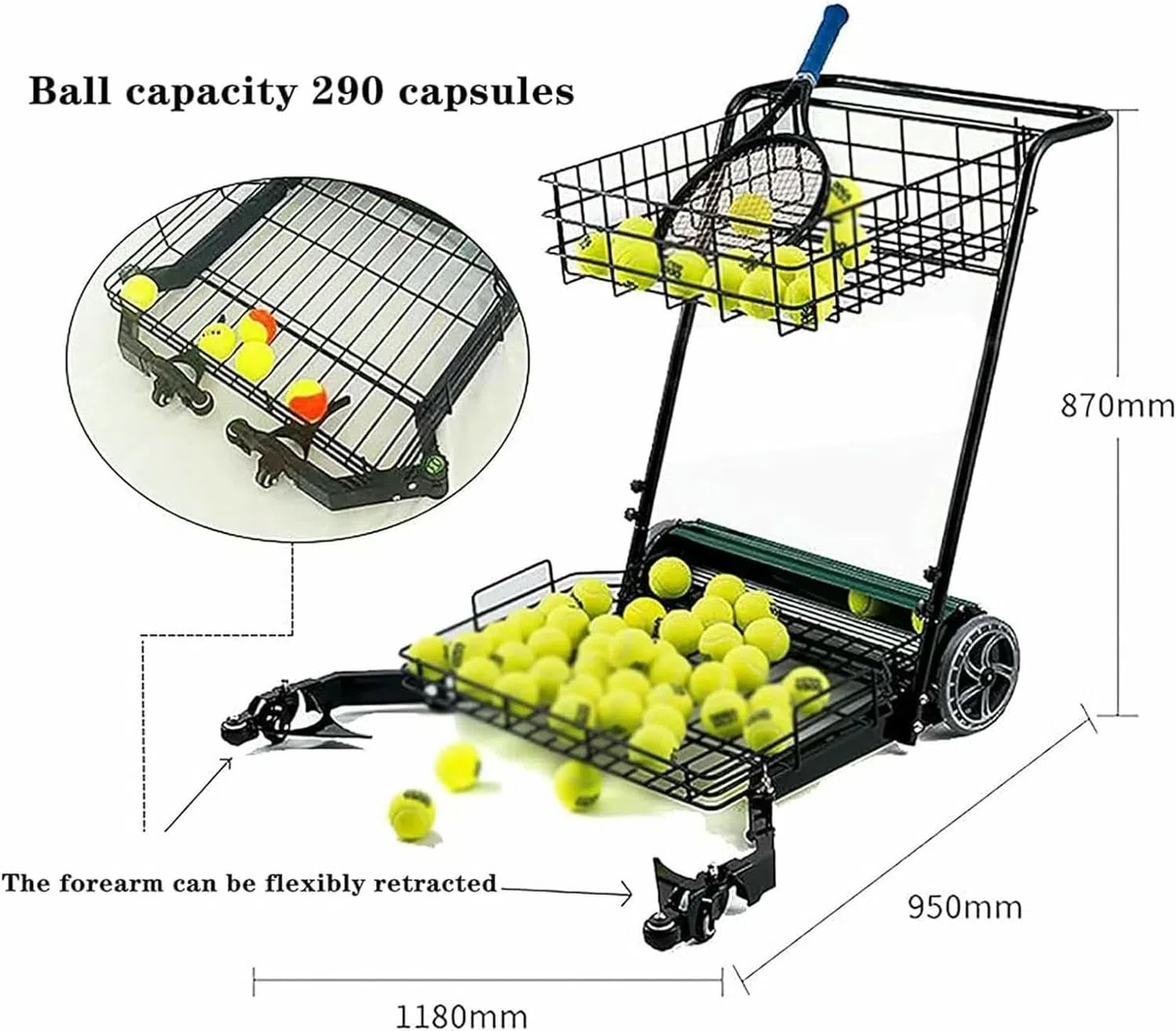 Carrello per raccogliere palline da tennis e tramoggia, facile da collezionare, raccoglie 90 palline alla volta, può contenere fino a 290 palline da tennis, ideale per campi da tennis