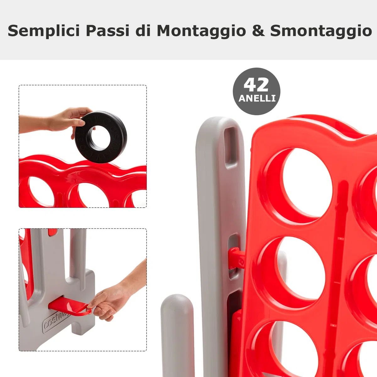 COSTWAY Forza 4 Gigante da Interno ed Esterno, Forza Quattro per Bambini e Adulti con 42 Anelli Giganti e Dispositivo di Scorrimento a Sgancio Rapido, Perfetto per Feste e Vacanze