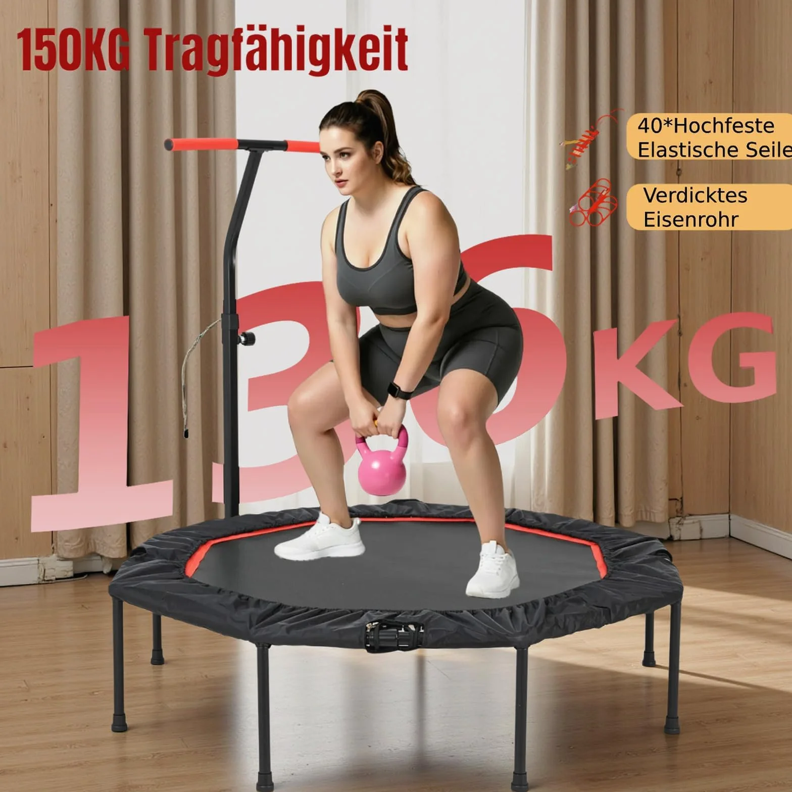 LIFERUN Mini trampolino elastico da interno per adulti Ø128 cm,Piccolo trampolino elastico da fitness,Jump Rebounder per allenamento,Capacità di carico 150 kg,Maniglie regolabili,Casa,Rosso