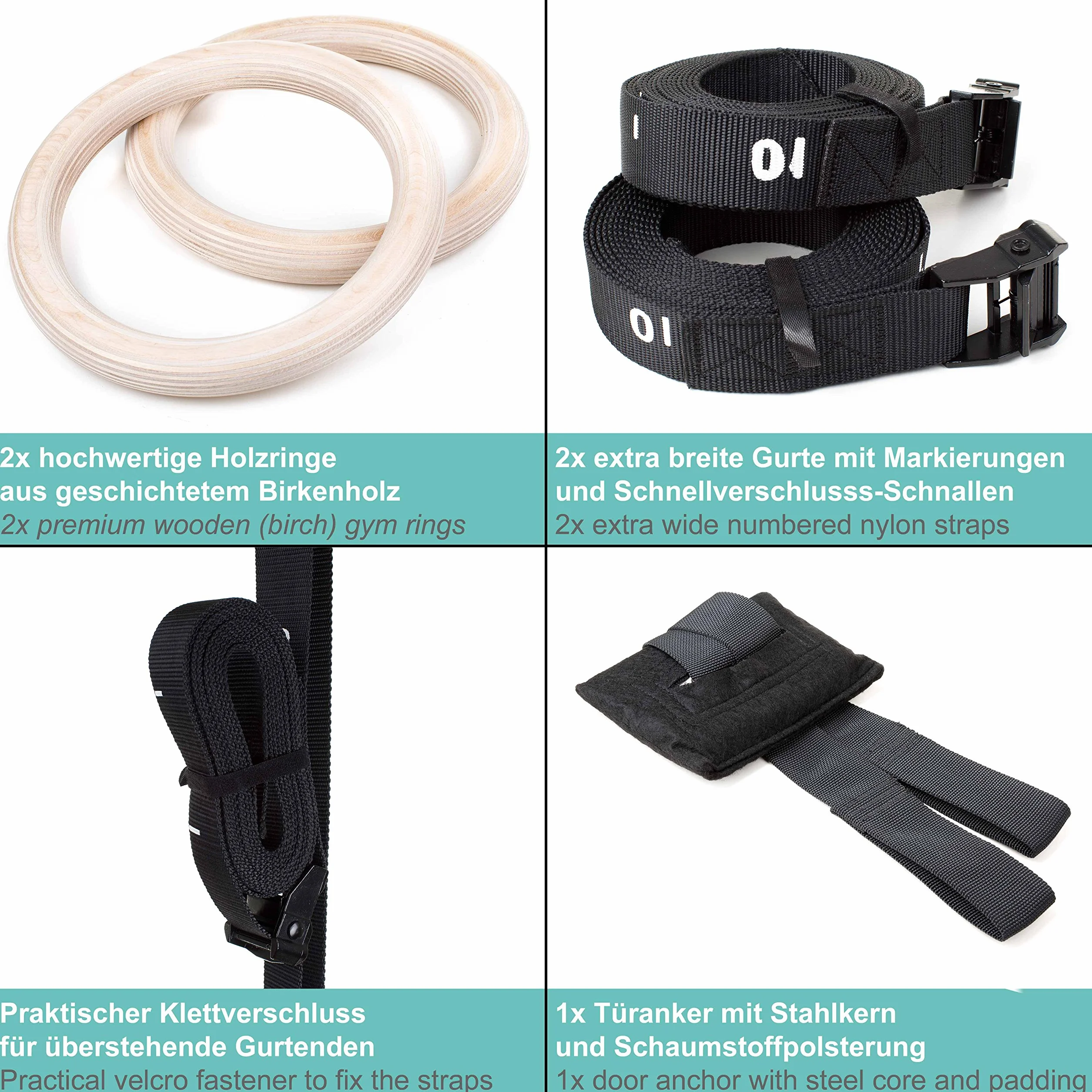 PULLUP & DIP Anelli da Gimnastica in Legno, Fitness Anelli Fitness Palestra per Calisthenics e Atletica, Gym Rings con Ampie Cinghie con Segni + Borsa Trasporto + Guida Allenamenti