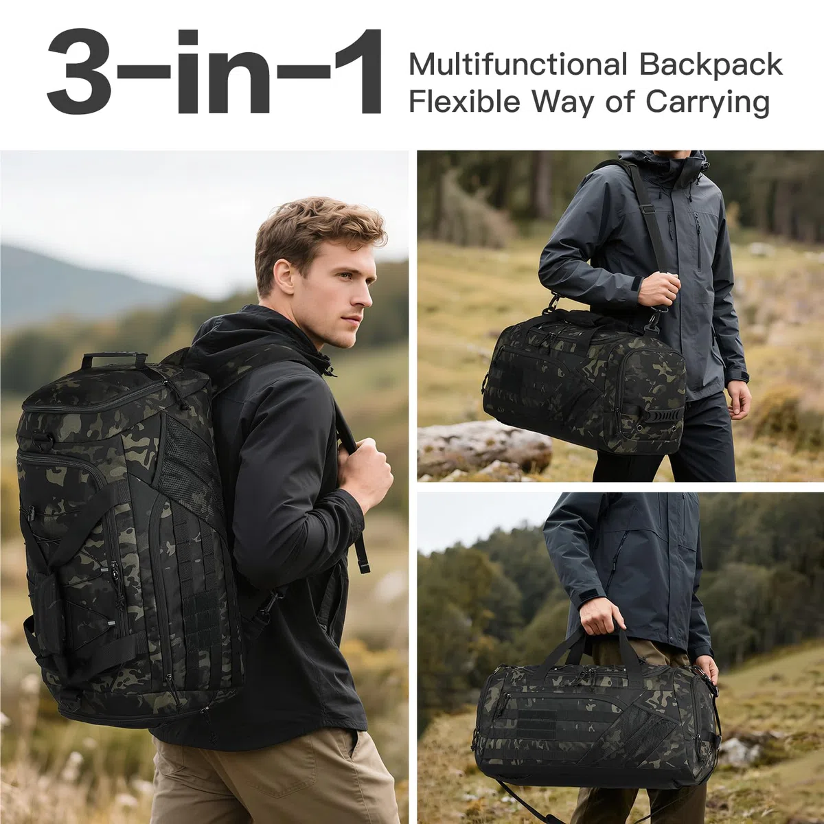 Borsone Palestra Tattica per uomo Donna 45L Borsa Sportiva Impermeabile con Porta Scarpe e Tasca Umida Zaino da Viaggio per Militare Fitness Sport Campeggio, Camo