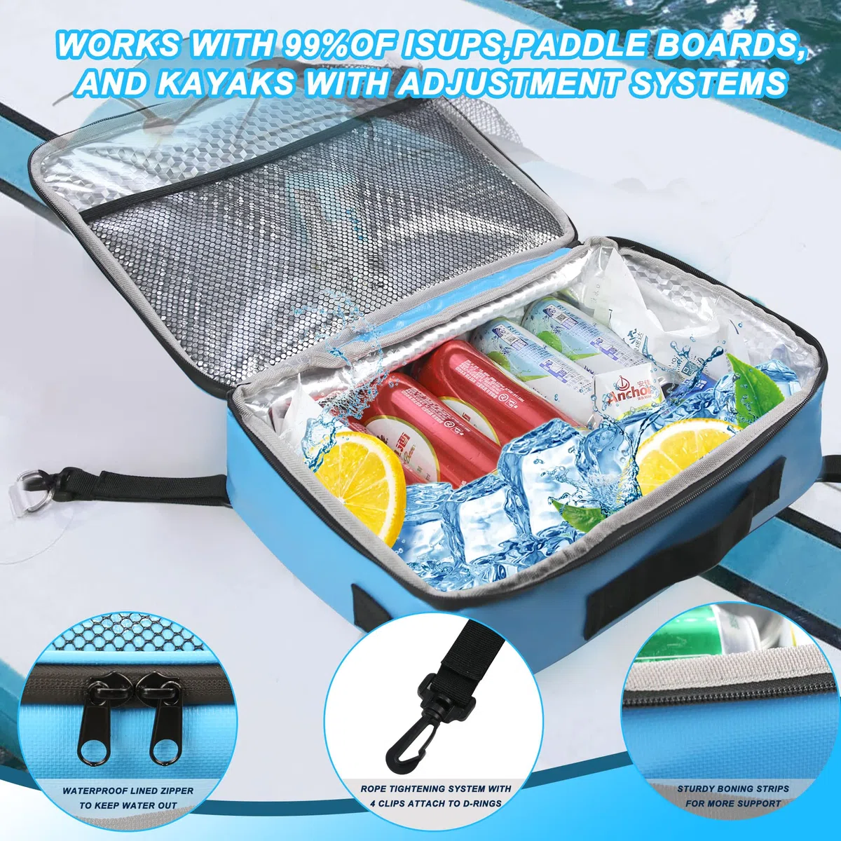 Sup Deck Cooler Bag - Borsa da ponte impermeabile, manico laterale, tracolla, tasca superiore in rete, accessori per il ponte