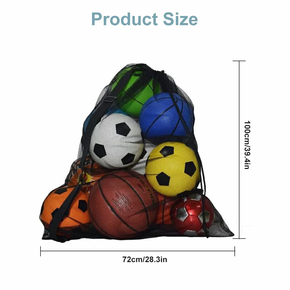 Mesh Ball Bag, Sacca in Rete per Palloni da Calcio, Borsa per Palline in Rete, Borsa Portaoggetti di Palline, per Calcio Basket Pallavolo Tennis Calcio, con Coulisse e Tracolla, 72 X 100cm, Nero