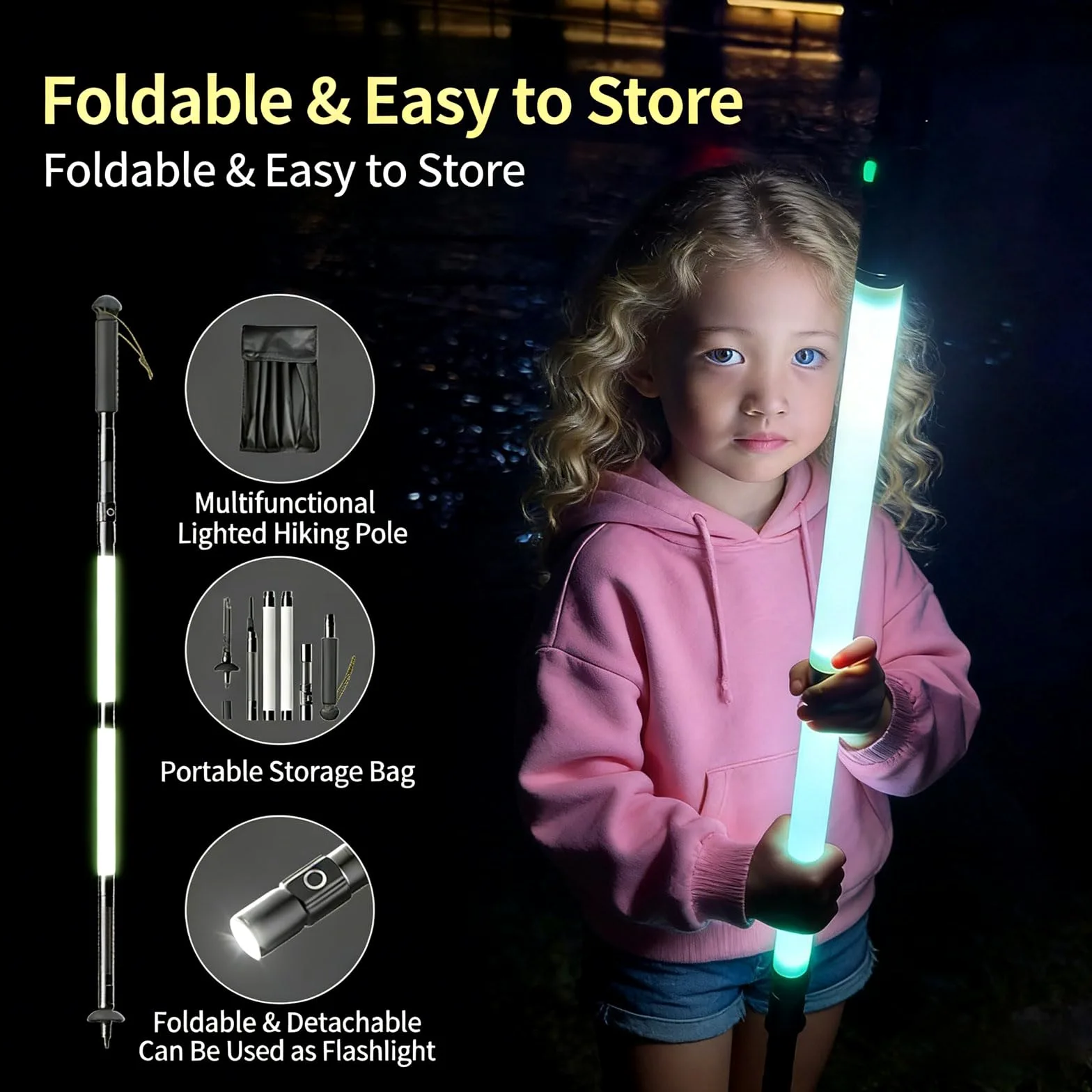 Bastoni da trekking ricaricabili a LED, pieghevoli, con torcia staccabile, multi-strumento di sopravvivenza, personale illuminato per campeggio, escursionismo, uso di emergenza