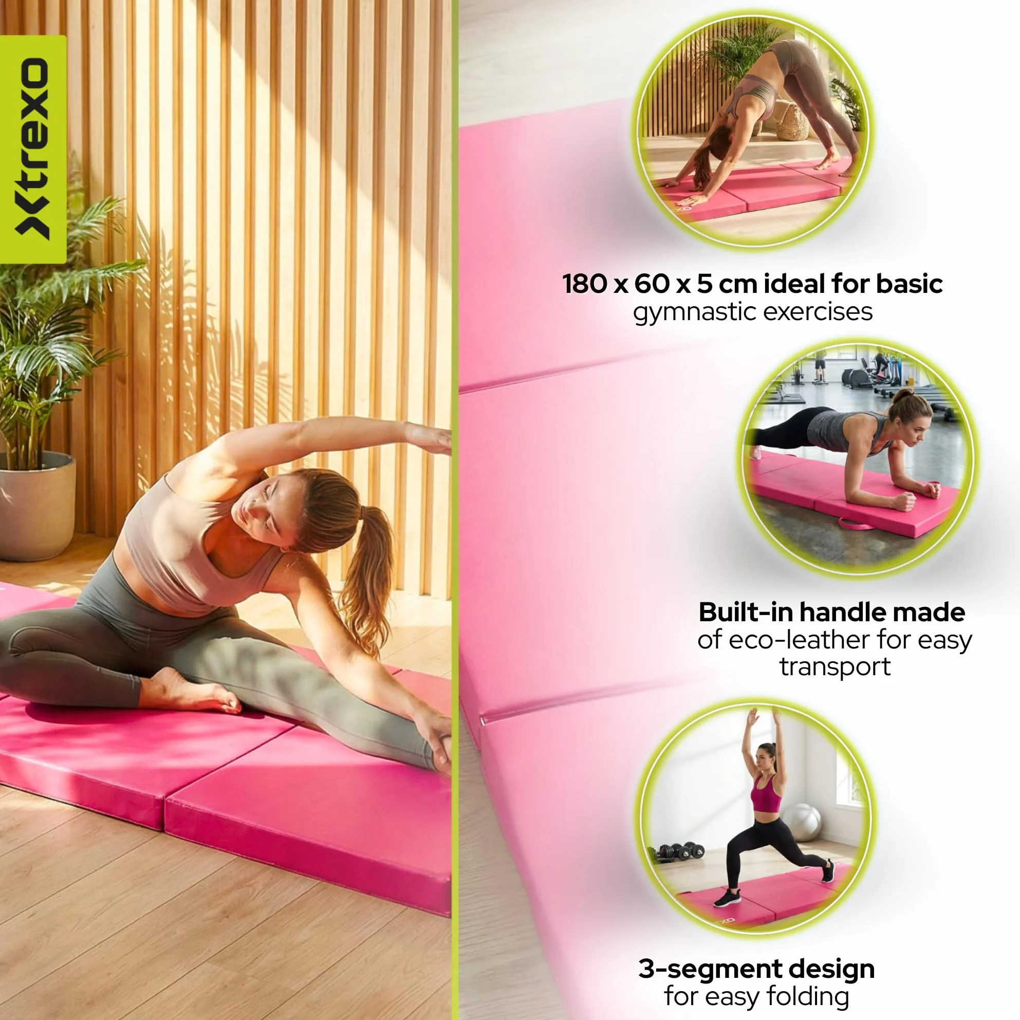 TREXO Materasso da ginnastica pieghevole, 180 x 60 x 5 cm, 3 pezzi, rivestimento in pelle ecologica resistente all'abrasione, schiuma PE flessibile, maniglia per il trasporto, facile da pulire