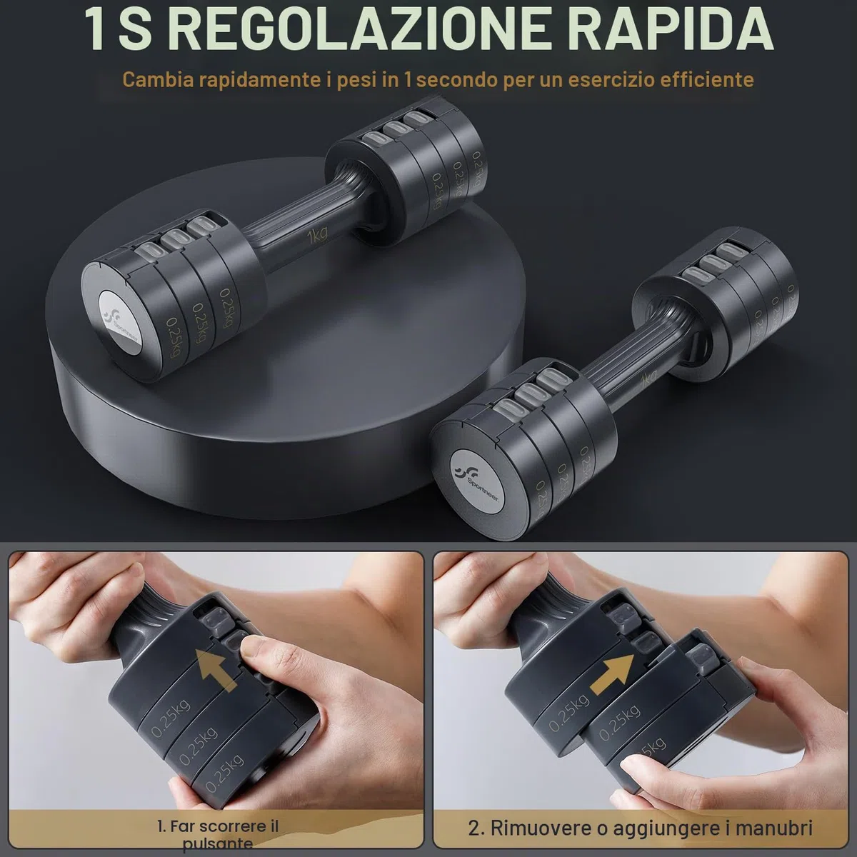 Sportneer Set di manubri regolabili: set di manubri da donna da 1 a 2,5 kg, 4 in 1, set di 2 manubri regolabili per palestra a casa, fitness, allenamento della forza, regalo