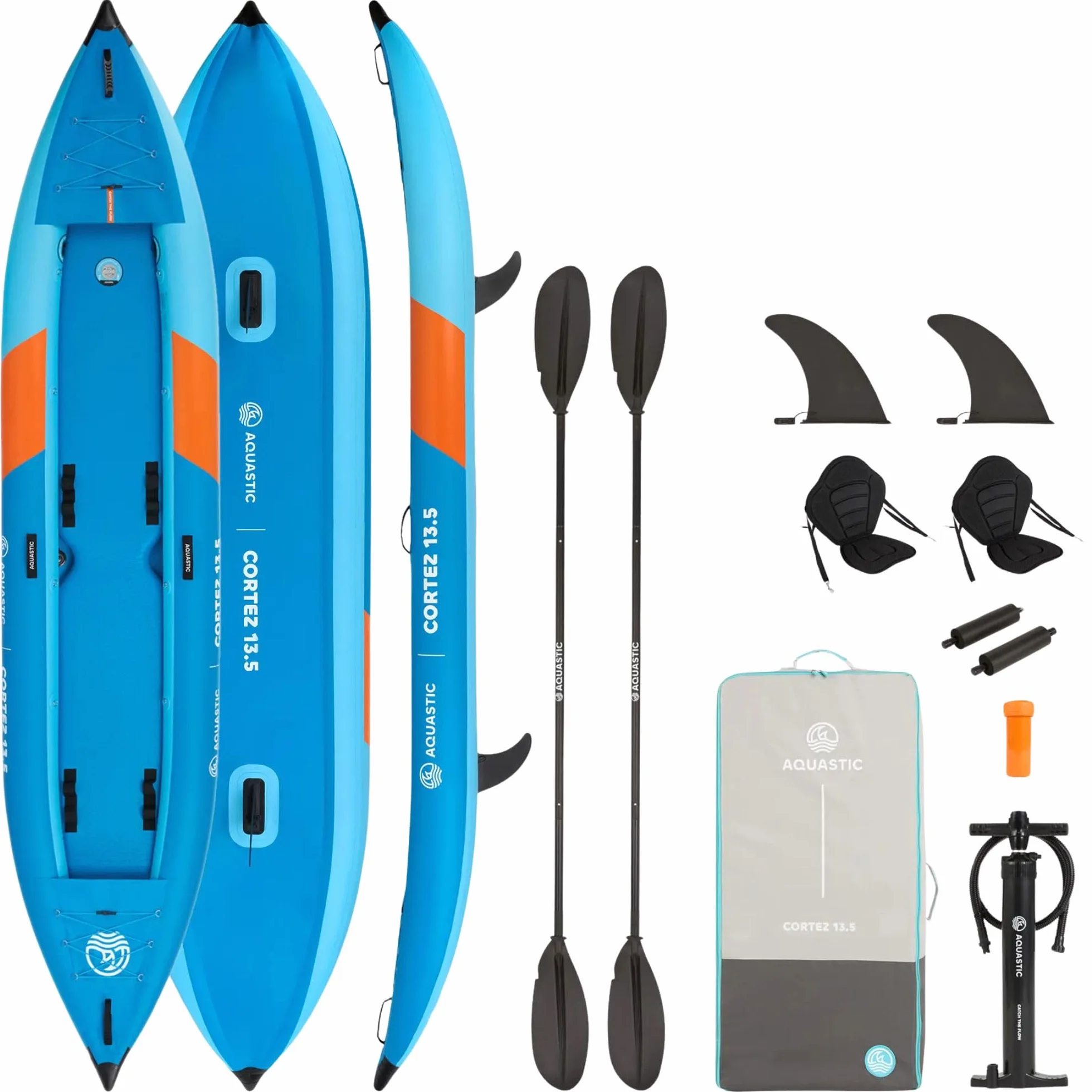 AQUASTIC Cortez 13'5 – Kayak gonfiabile per due persone, Hybrid Drop-Stitch, 3 camere, portata fino a 180 kg, set: zaino, pagaia, sedili, pompa, pinne, stabile