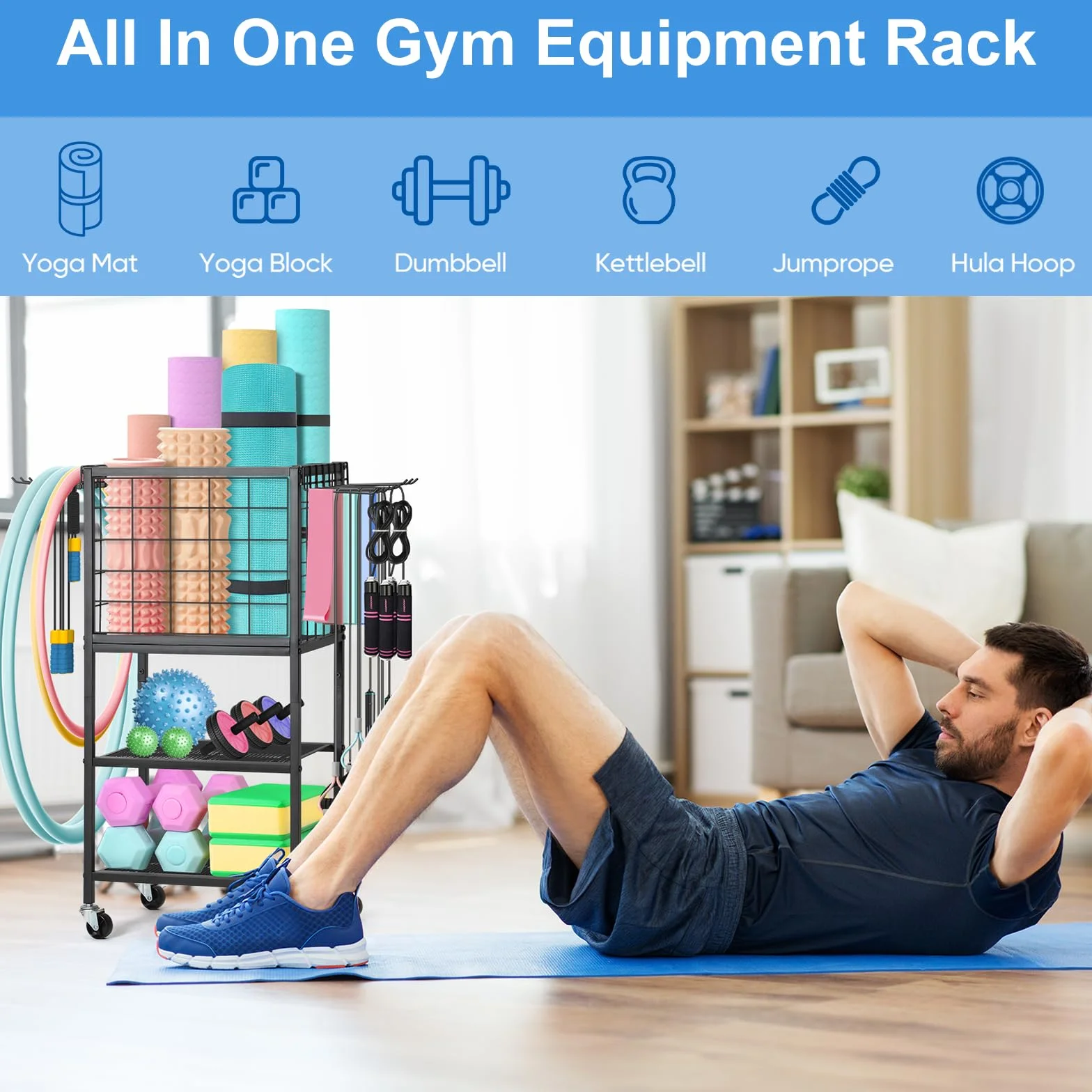 LIANTRAL Rastrelliera per manubri, tappetino da yoga, scaffale per attrezzature da allenamento, per manubri, kettlebell, tappetino da yoga e bande di resistenza, organizer per casa e palestra, con