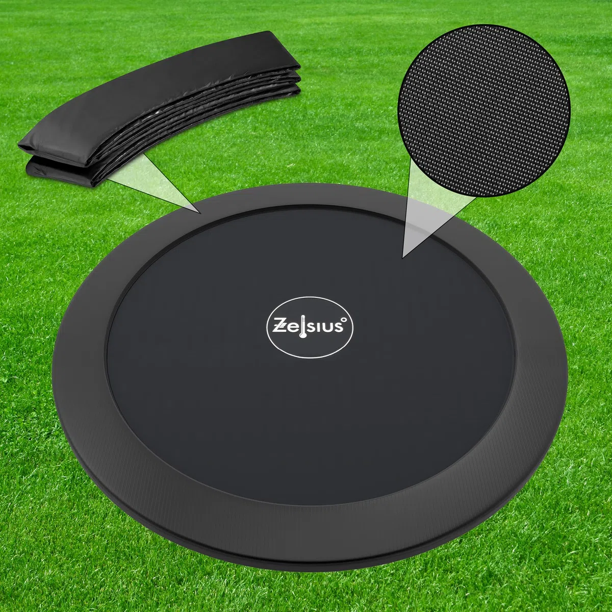 Zelsius Trampolino elastico nero, diametro 427 cm, per uso esterno, per massimo 150 kg, con rete di sicurezza, scala e borsa per scarpe, per sport e tempo libero