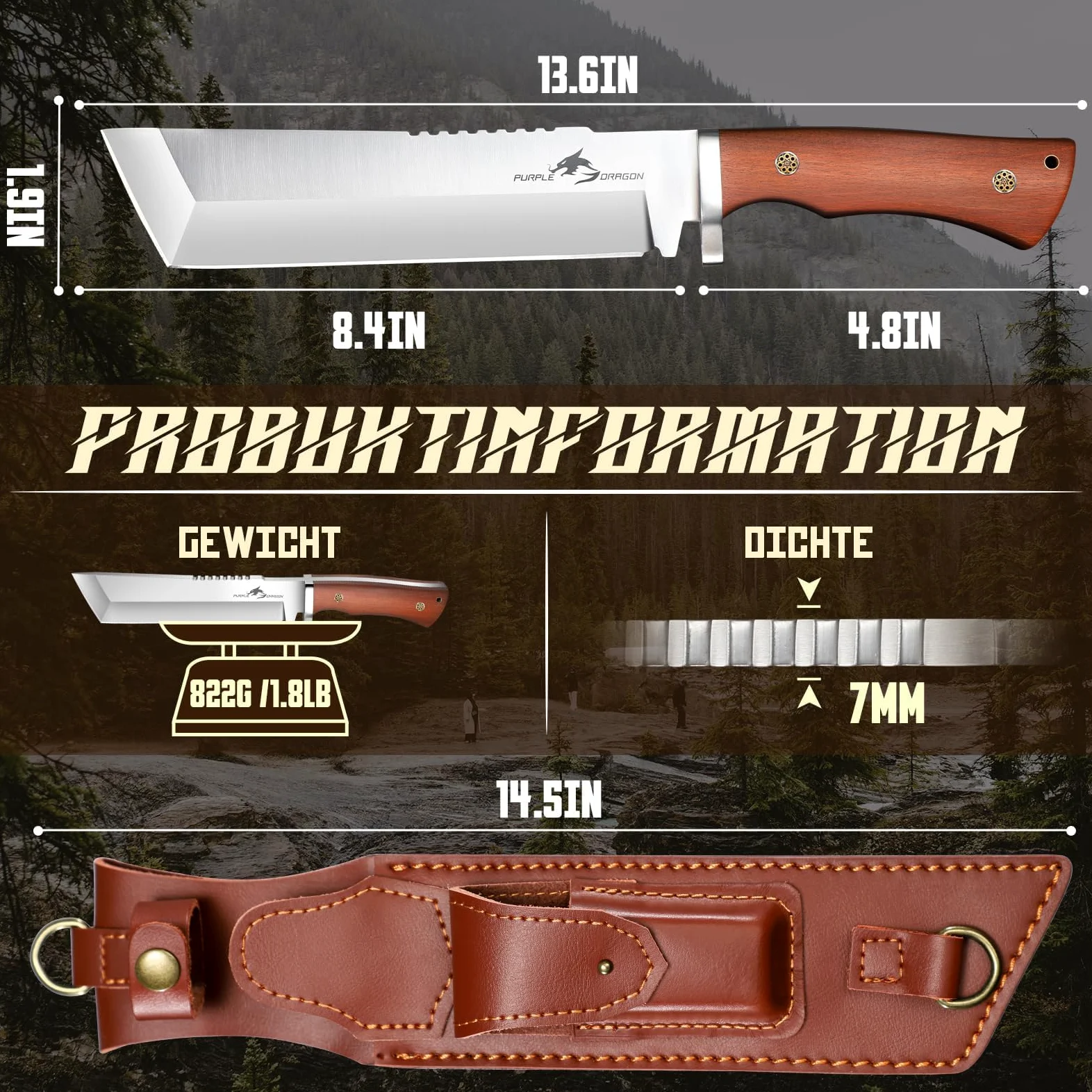 Purple Dragon Coltello da esterno con fodero in pelle, coltello da sopravvivenza affilato con dorso della lama di 7 mm, acciaio ad alto tenore di carbonio