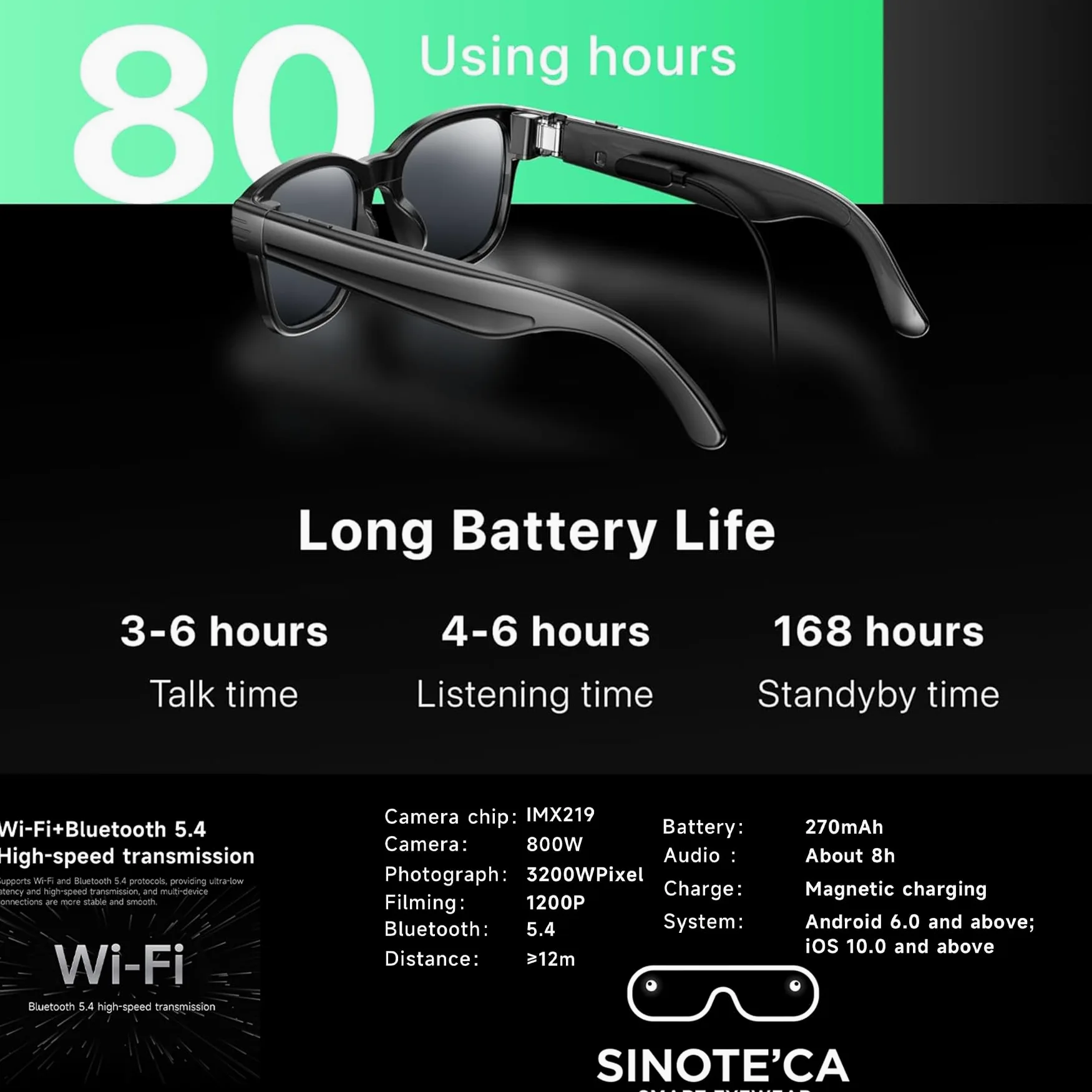 SINOTE'CA AI Smart Glasses con Telecamera 8MP, Occhiali Intelligenti Bluetooth, Occhiali da Sole con Videocamera Integrata, Traduzione in Tempo Reale, Musica Open-Ear, Microfono Dual Noise Reduction