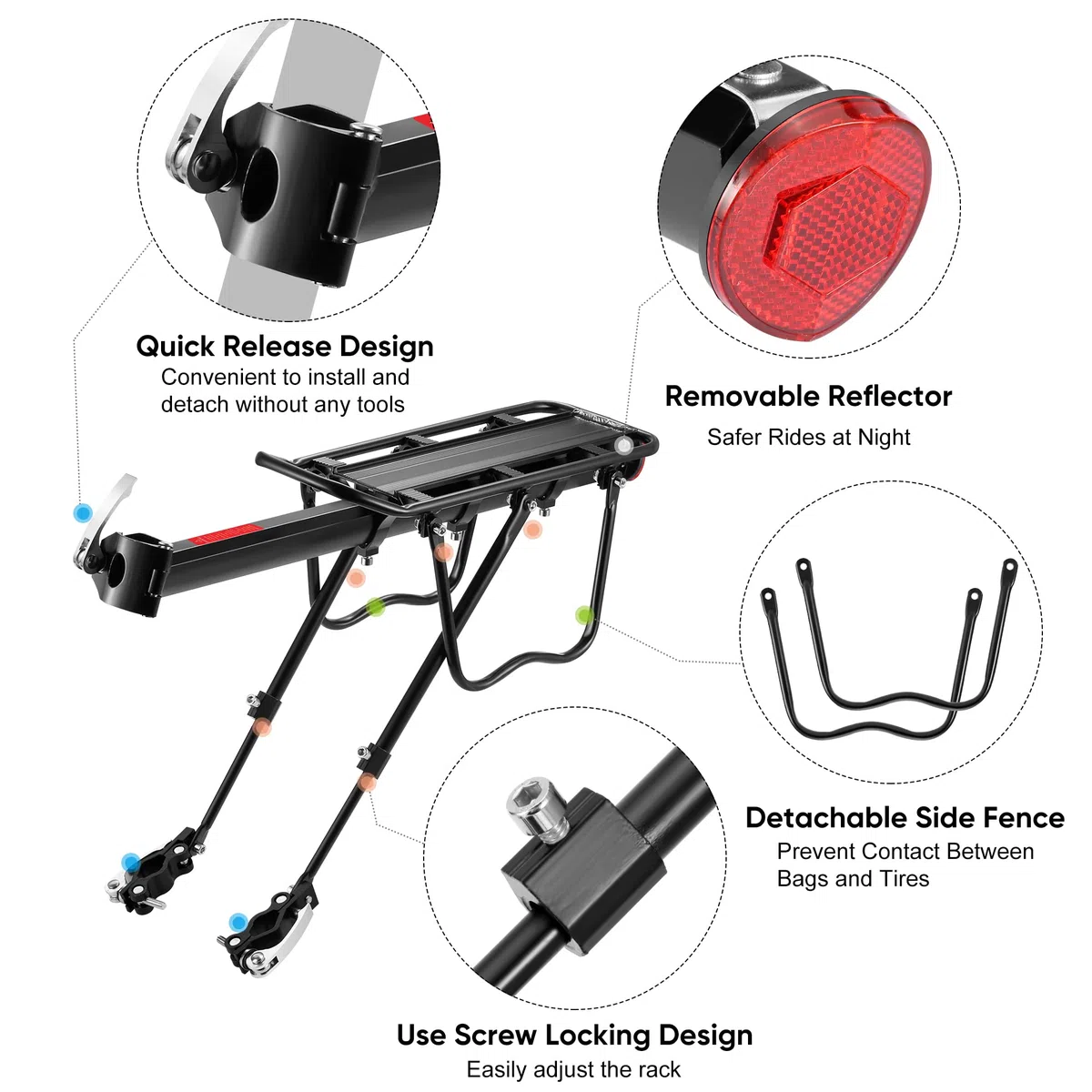 DazSpirit Portapacchi Bici, Portapacchi Bici Posteriore Regolabile, Portapacchi mtb Posteriore, Rilascio Rapido, porta pacchi bici carico Massimo di 60kg con riflettore, Materiale in Lega di Alluminio