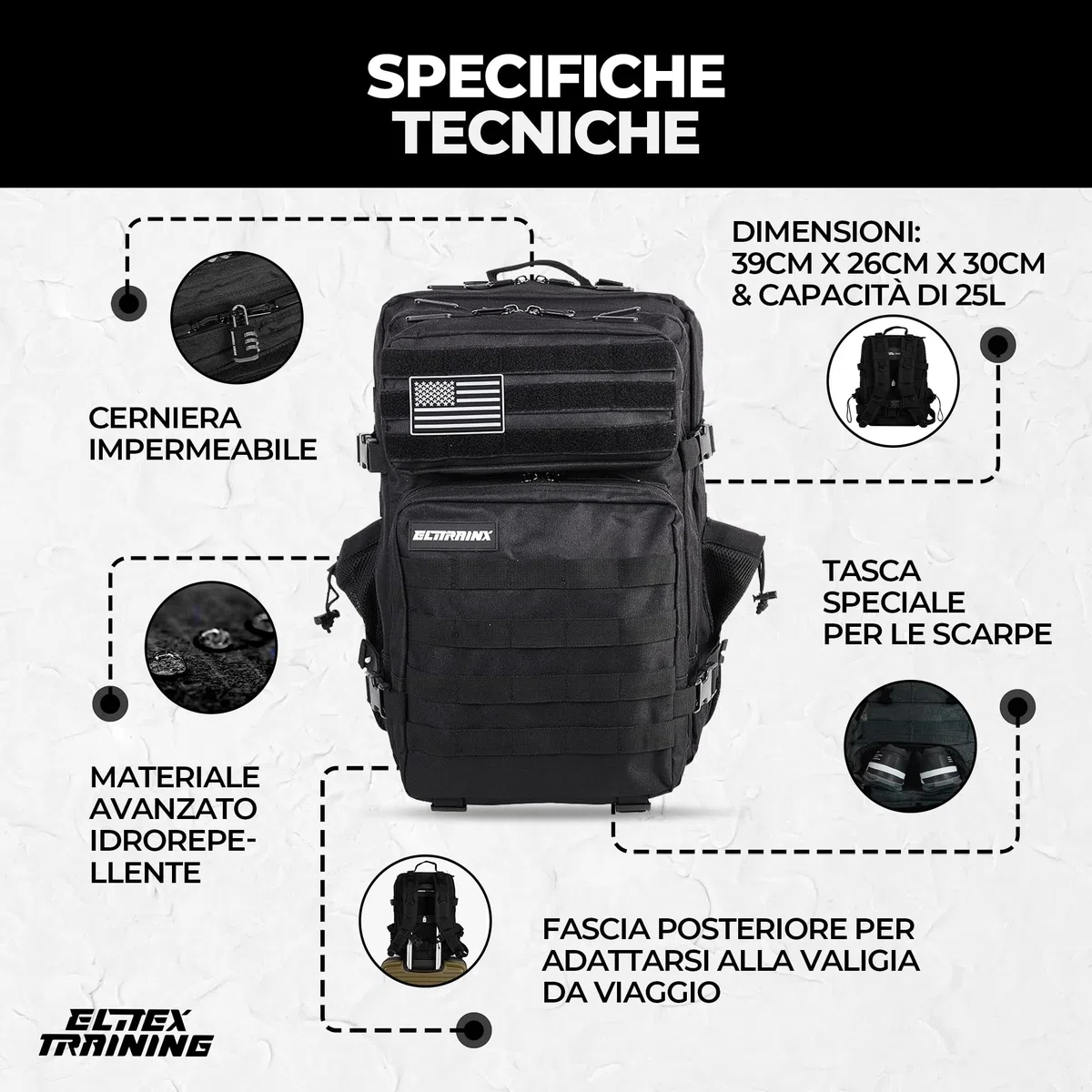 ELITRAINX Zaino tattico militare impermeabile 25 litri per sport, cabina di aereo, palestra, attività all'aperto, cross training di ELITEX TRAINING