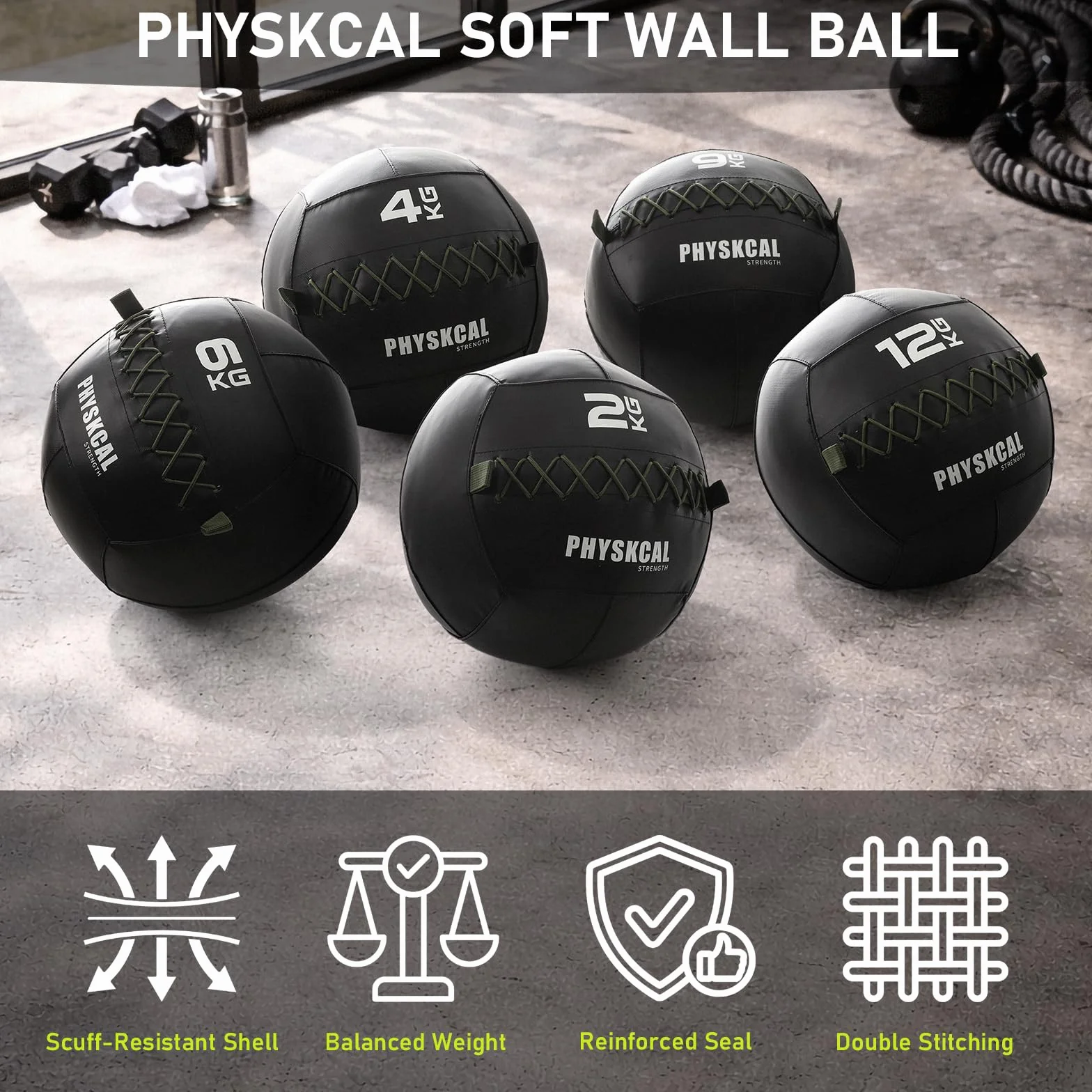 PhysKcal Medicine Wall Ball Ball in morbida pelle per esercizi dinamici di tutto il corpo, esercizi HIIT, costruzione di forza e resistenza, impugnatura comoda strutturata