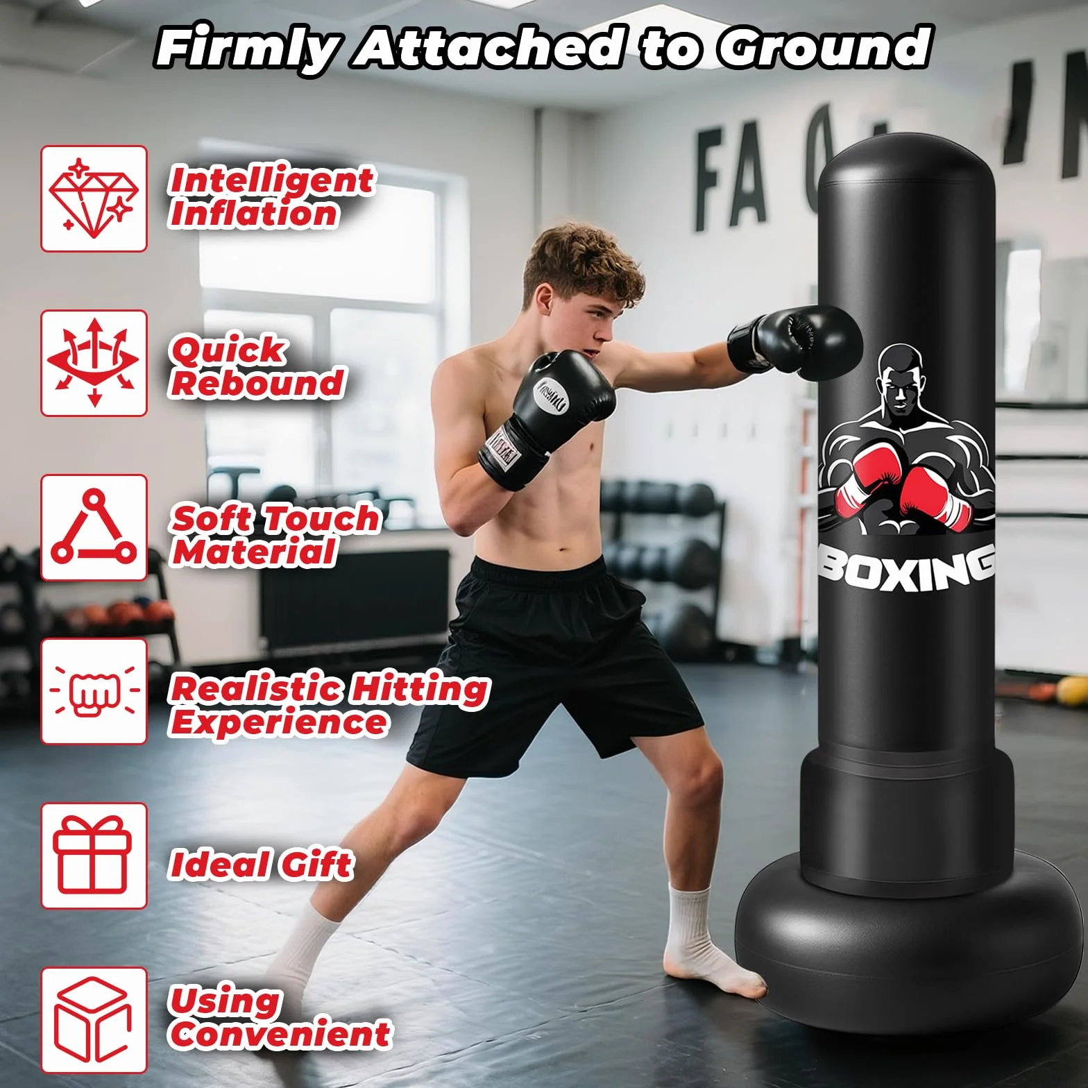 Sacco da Boxe da Terra,180cm Sacco da Boxe per Adulti Gonfiabile con Guantoni e Pompa, Gonfiabile Pungiball Bambini per Kickboxing, Karate, Boxing Bag da Casa e Ufficio