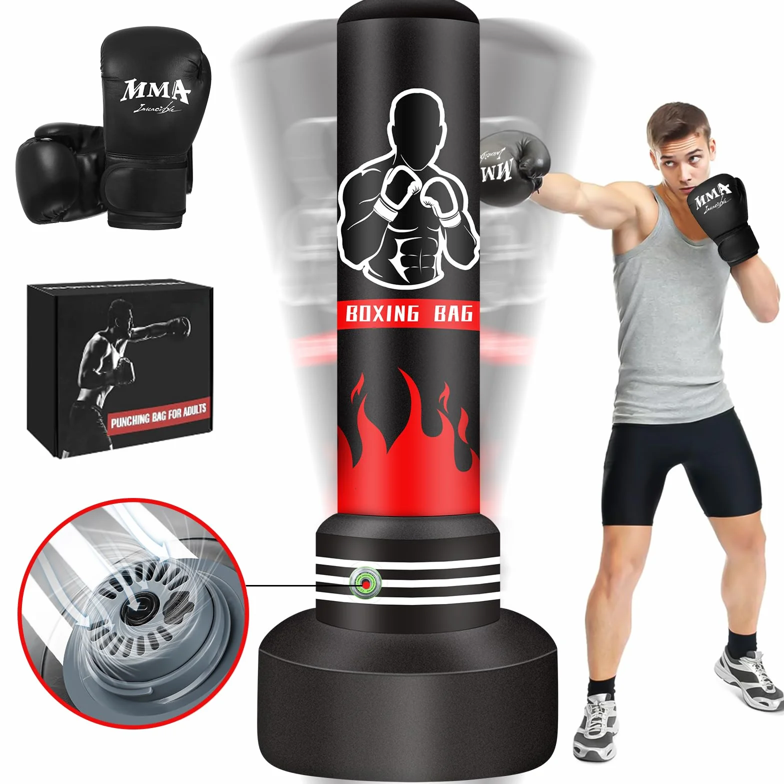 Sacco da boxe da 180 cm, pesante, autoportante, per adulti, gonfiabile, kickboxing, per allenamento, MMA, Muay Thai