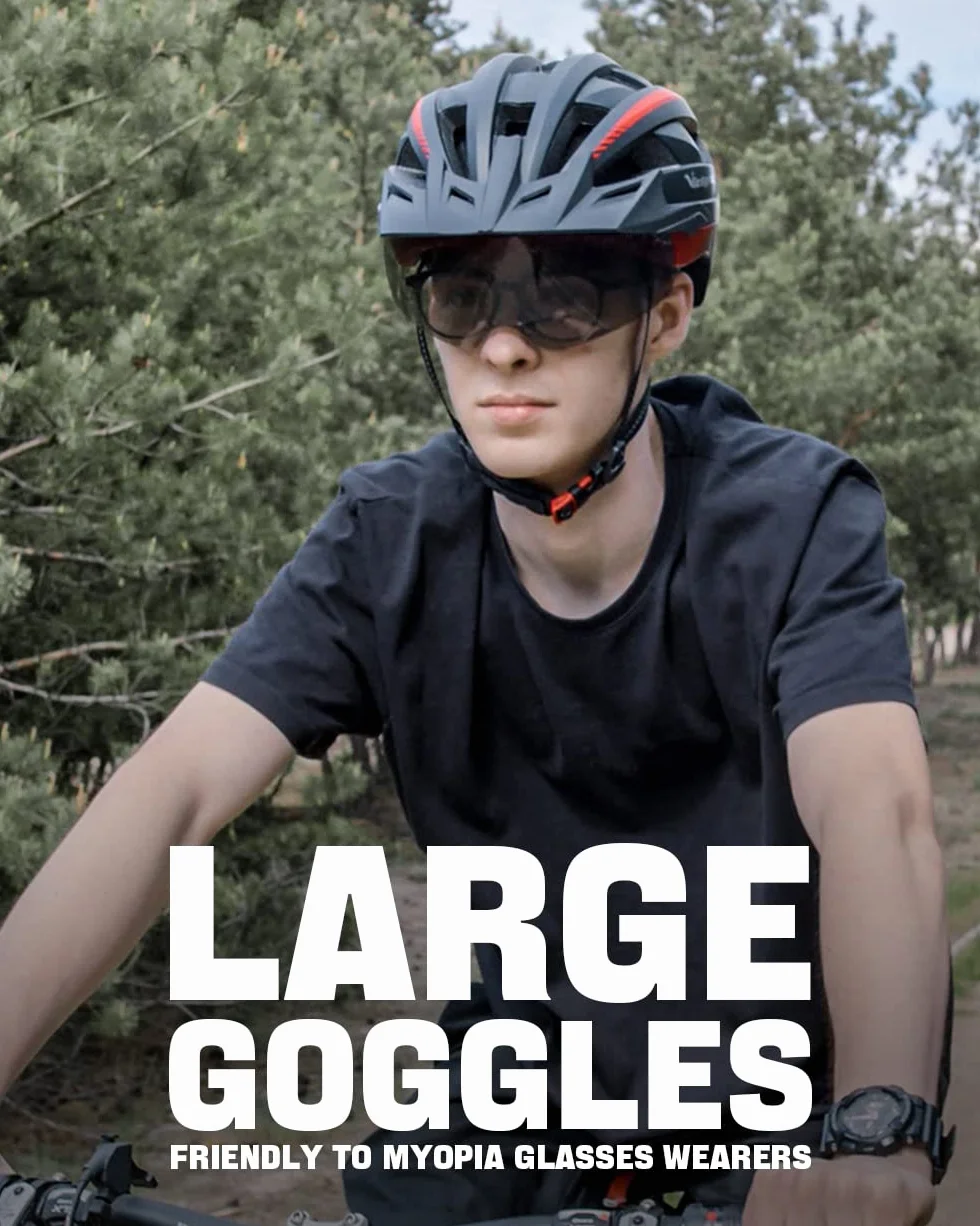 Victgoal, casco da bici per uomo e donna, con luce a LED, occhialini magnetici staccabili, visiera parasole rimovibile, casco da bicicletta da strada e montagna, misura regolabile, unisex, bianco