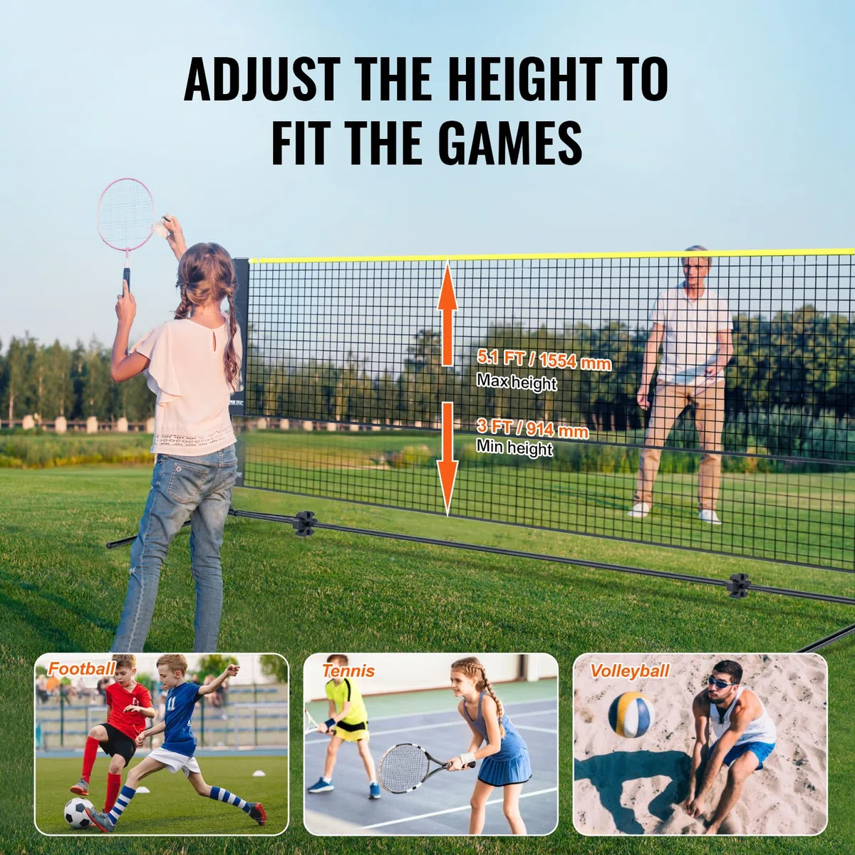 VEVOR Rete da Badminton Pallavolo Tennis, Set di Rete Pickleball Pieghevole Nylon Portatile, Regolabile Altezza, Facile da Installare con Pali Borsa, Uso Interno Esterno, 302 x 155 x 103 cm