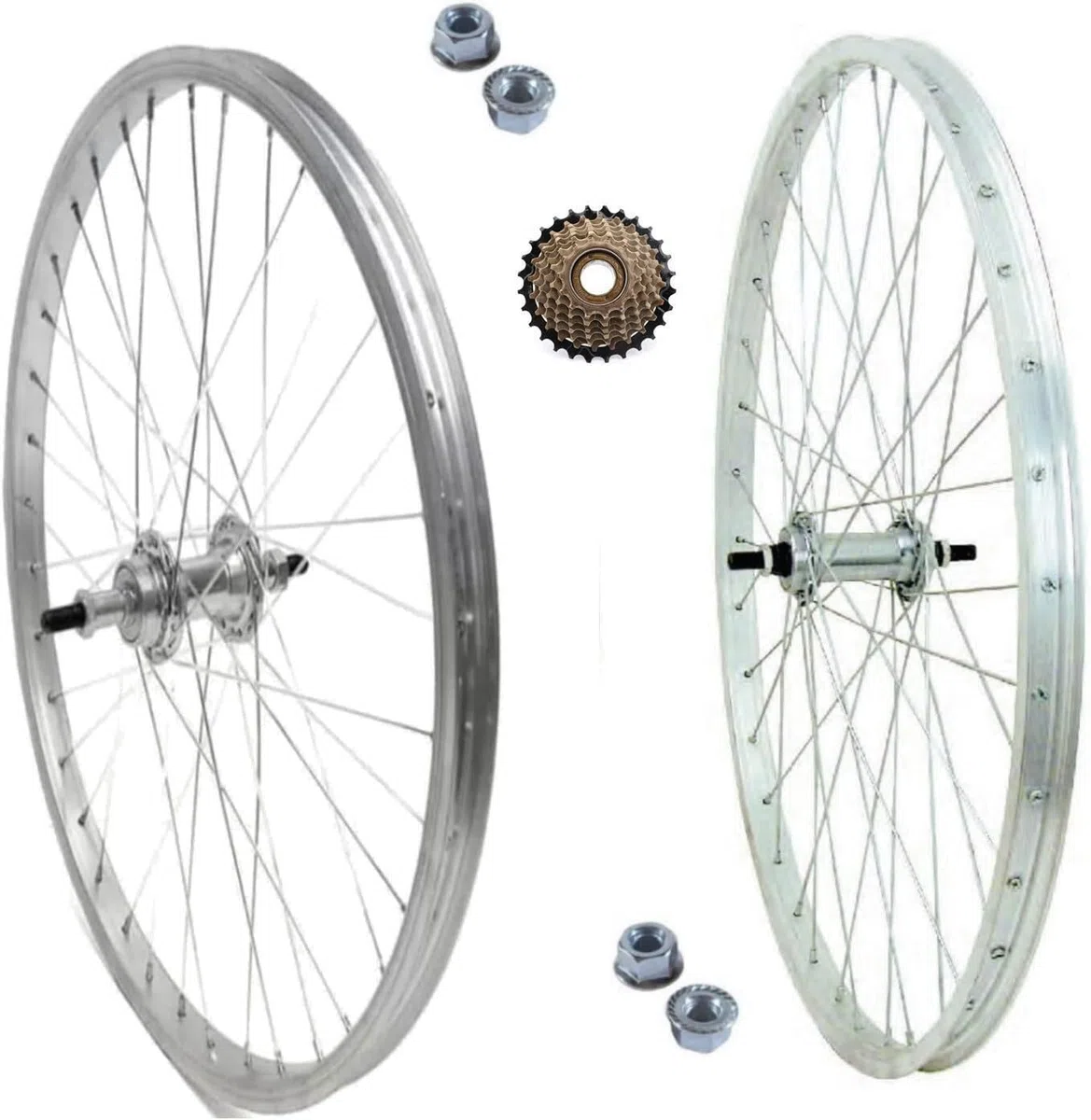 COPPIA RUOTA CERCHIO ANTERIORE + POSTERIORE 26" X 1.75 BICI + RUOTA LIBERA 6 VELOCITÀ ALLUMINIO/ACCIAIO 26X1.75 OLANDA BICICLETTA CITY BIKE PASSEGGIO DADI FISSAGGIO E FLAP INCLUSI
