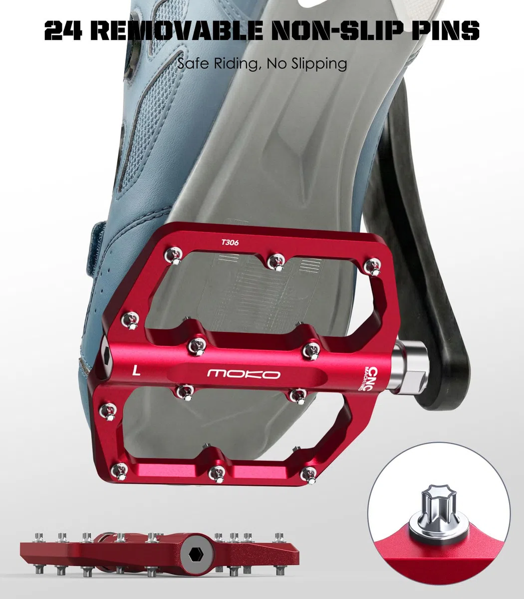 MoKo Pedali per Mountain Bike 2 Pezzi, Pedali per Bici in Alluminio Lavorati a CNC con 3 Cuscinetti Sigillati, 24 Perni Antiscivolo, Facili da Installare, per Biciclette da Strada, BMX, E-Bike