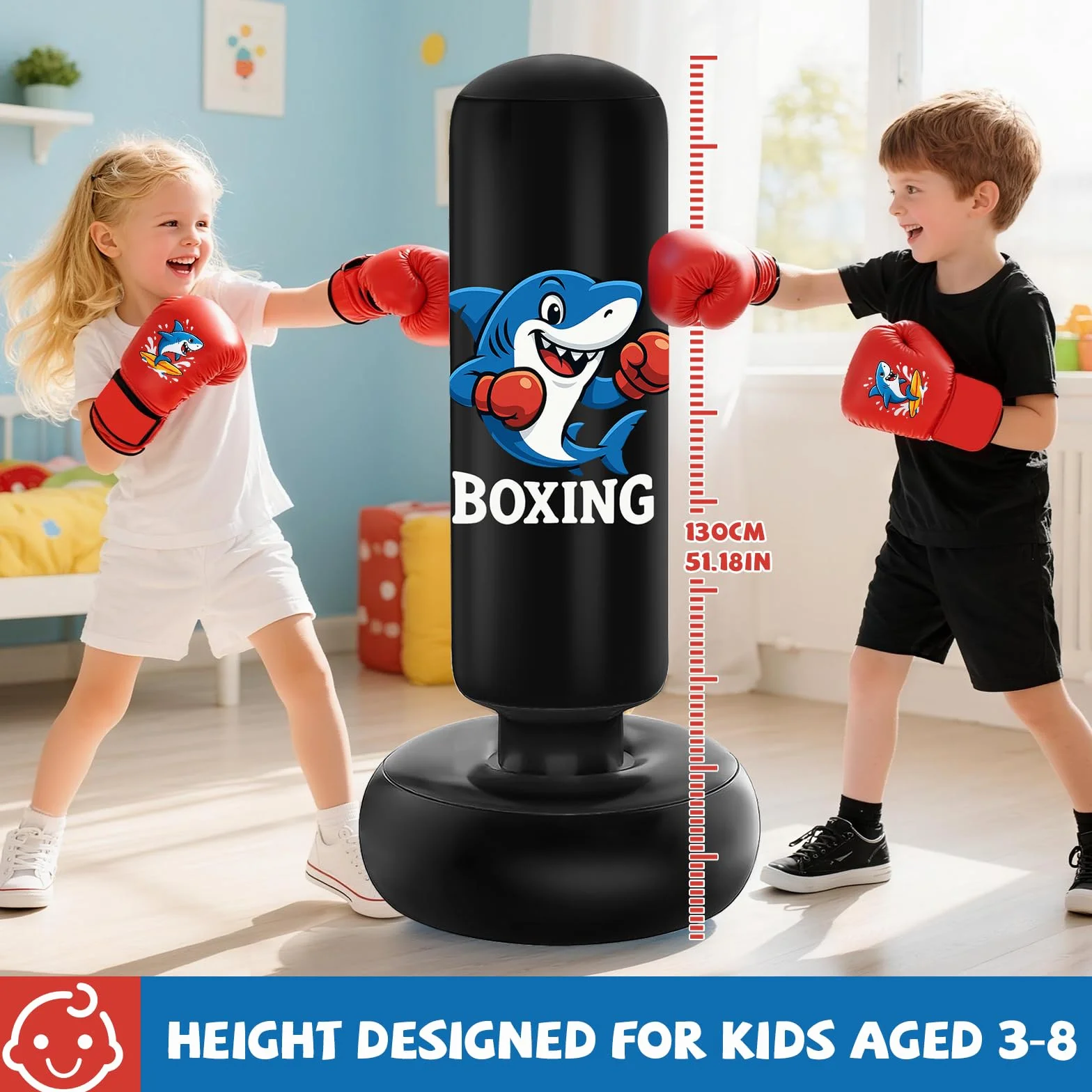 Qoosea Sacco da Boxe per Bambini 3-8 Anni, 130cm Stabile Sacco da Boxe Gonfiabile con Guanti da Boxe, Pratica di Taekwondo Karate Attrezzatura da Allenamento MMA, Regalo per Ragazzi Ragazze