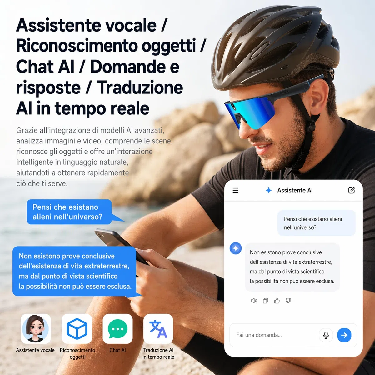SINOTE'CA Occhiali Smart AI per Ciclismo, Smart Glasses con Fotocamera 8MP, Video HD, Stabilizzazione a 6 Assi, WiFi, Bluetooth 5.4, Audio Open-Ear, Traduzione in Tempo Reale, UV400, Uomo Donna