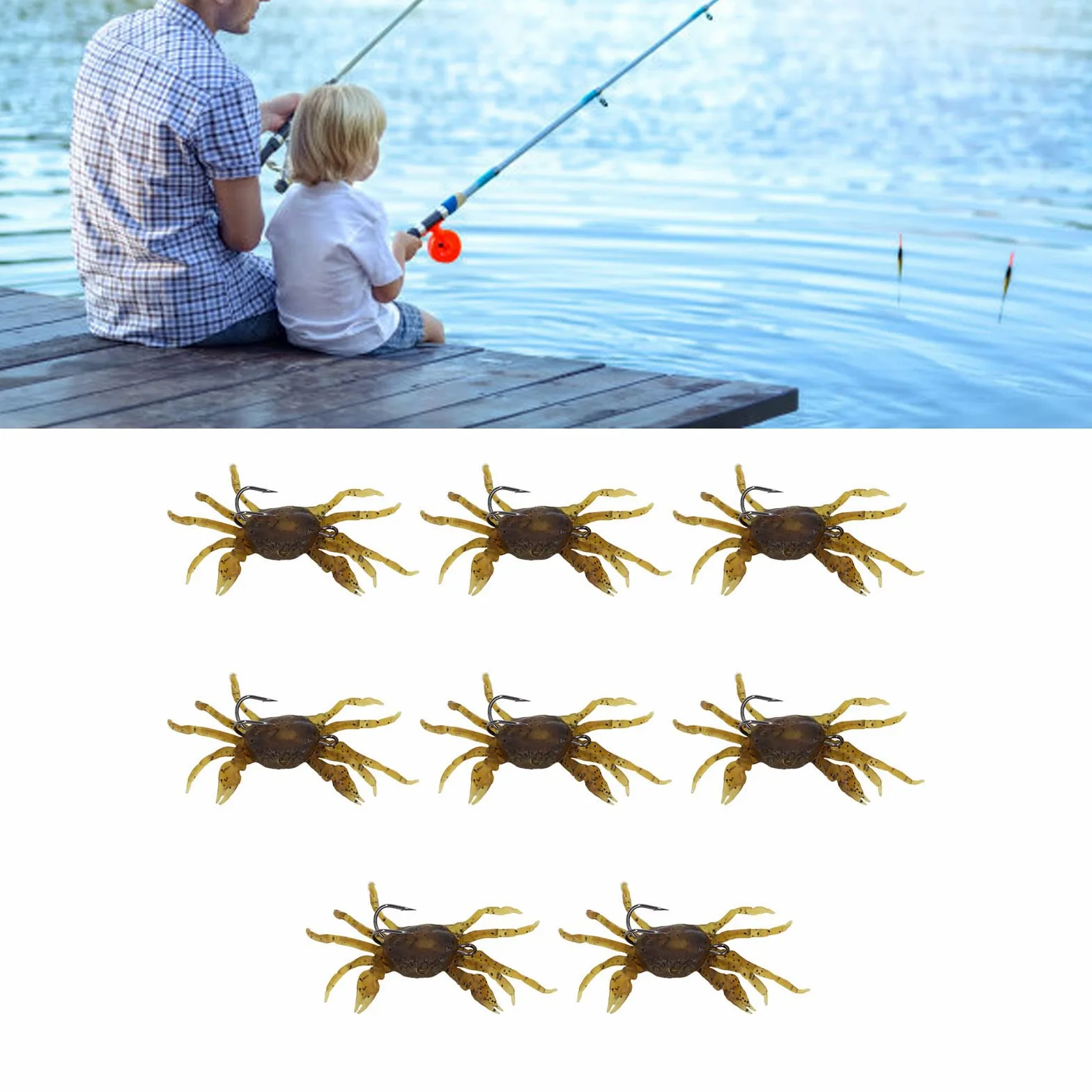 RiToEasysports Esche artificiali per granchio, 8 pezzi, 13 cm, 33,5 g, esche morbide per la pesca a granchio, con ganci, esche artificiali per acqua dolce e salata (marrone giallastro)