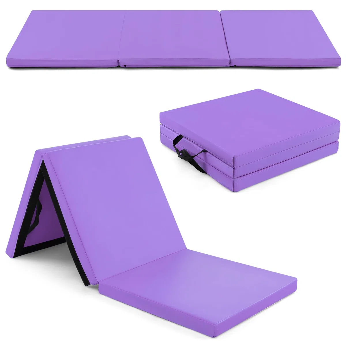 GYMAX Tappetino da Yoga, 180 x 60 x 5 cm, Materassino per Ginnastica 3 Segmenti, Pieghevole e Portatile con Manico
