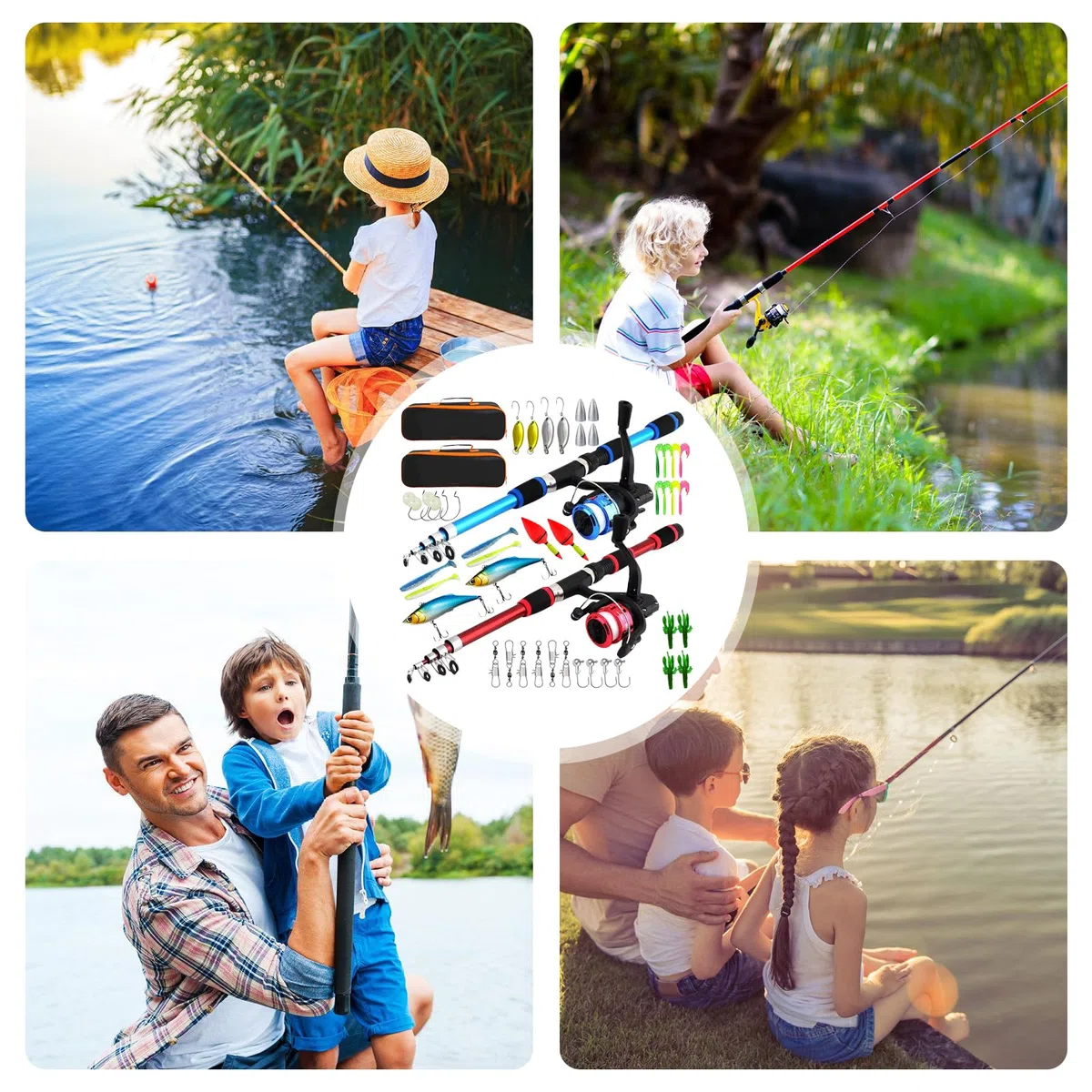 Set da pesca per bambini: 1,8 m, leggero, set di canne telescopiche, borsa per la pesca per attività all'aperto per ragazzi e ragazze (nero + blu)