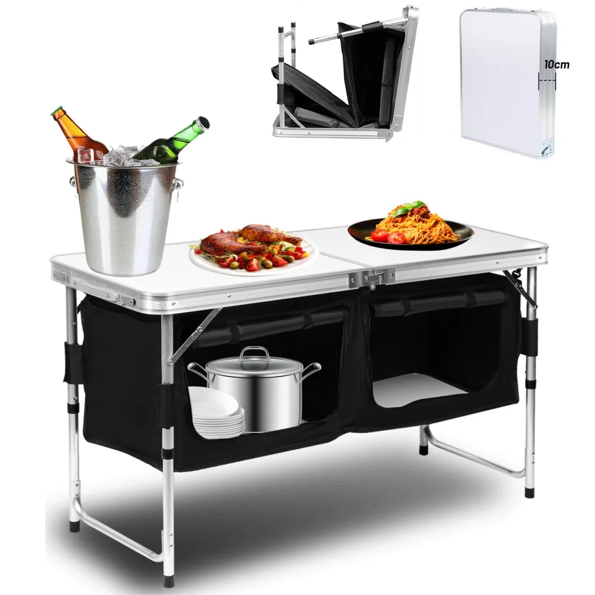 Cucina da campeggio, armadietto da campeggio con struttura in alluminio, pieghevole da campeggio con piano di lavoro resistente al calore, regolabile in altezza, per campeggio e esterni, con