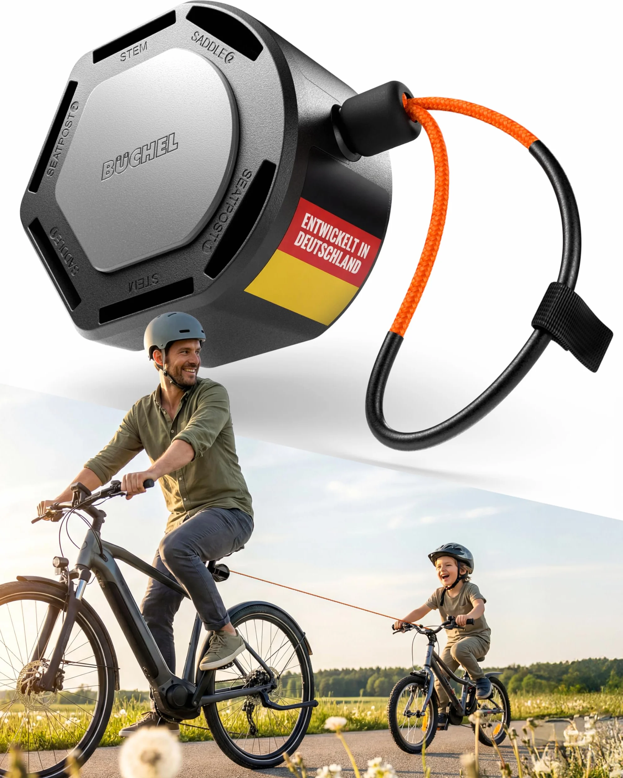 Büchel Corda di traino per bicicletta fino a 120 kg – 2,20 m corda di traino per bambini, con linguetta di estrazione e protezione all'abrasione – Robusto moschettone e 3 montabile, per biciclette per