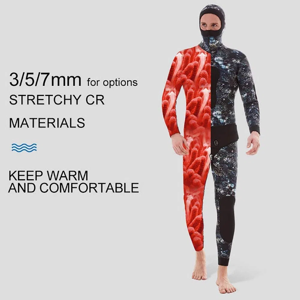 Muta da pesca subacquea in neoprene da 7 mm per uomo, mimetica divisa con cappuccio, imbottitura sul petto per apnea, snorkeling e immersioni in acqua fredda